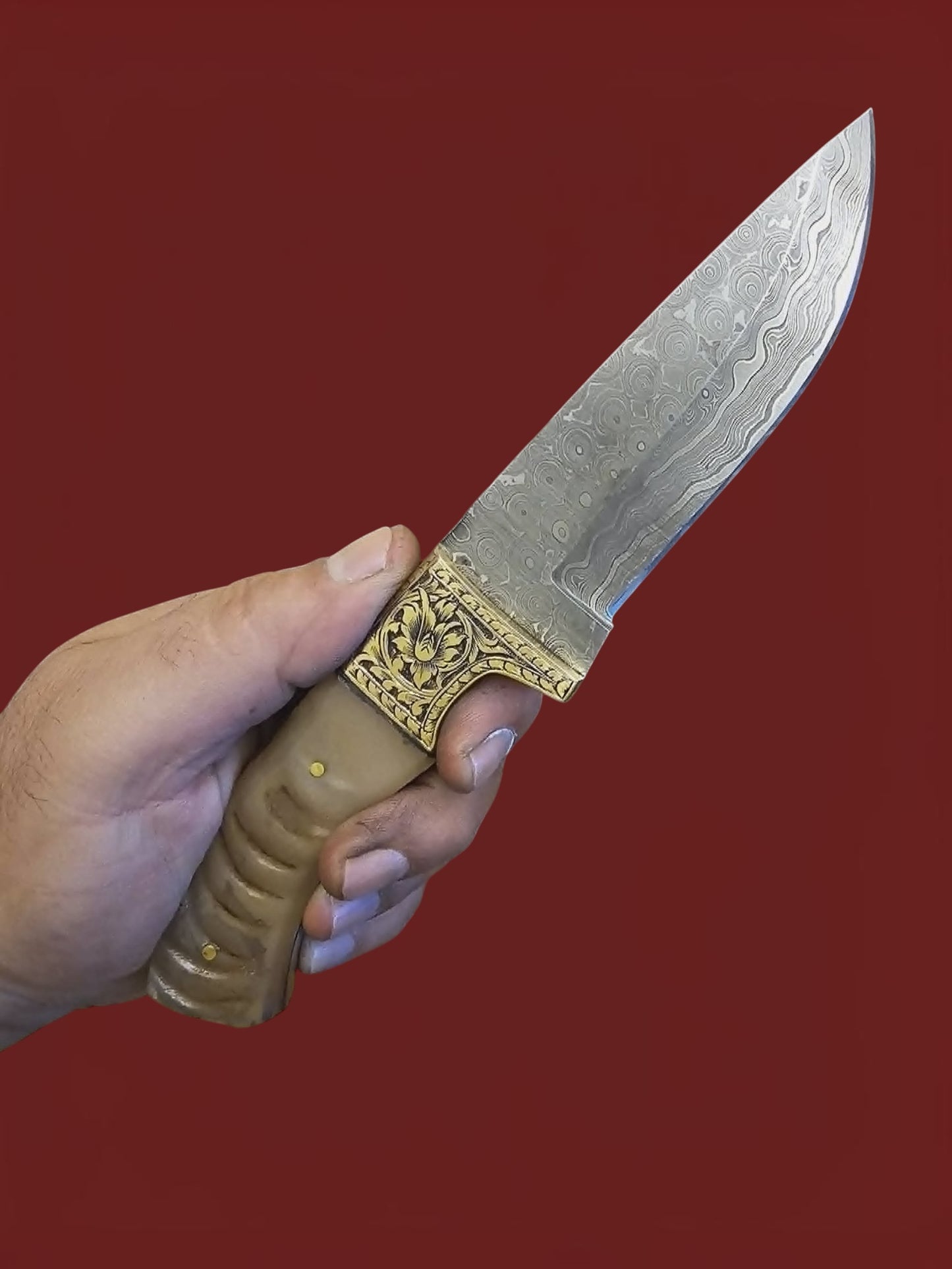 R025 - Hunting Knife - Damascus Steel & Horn