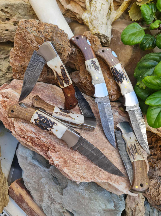 Handmade 19cm Pocket Knife with Damascus Steel - Red deer antler - Walnut wood & D2 Stainless Steel