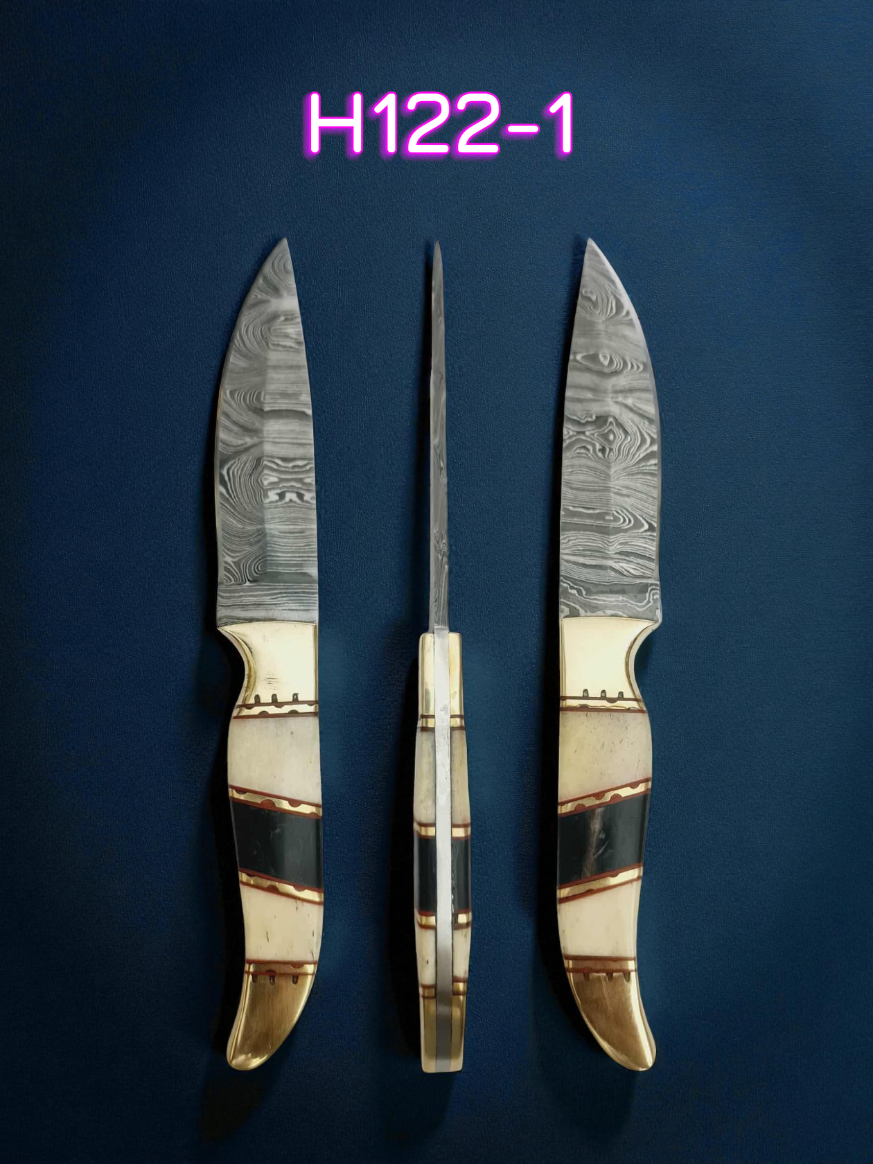 H122 Handmade Mini Hunting Knife - Damascus Steel - Camel Bone & Buffalo Horn