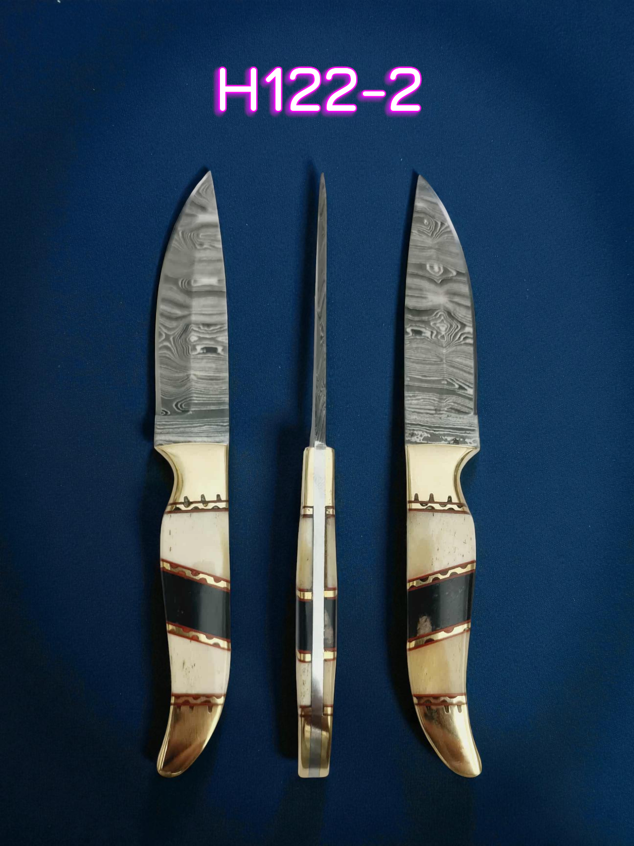 H122 Handmade Mini Hunting Knife - Damascus Steel - Camel Bone & Buffalo Horn