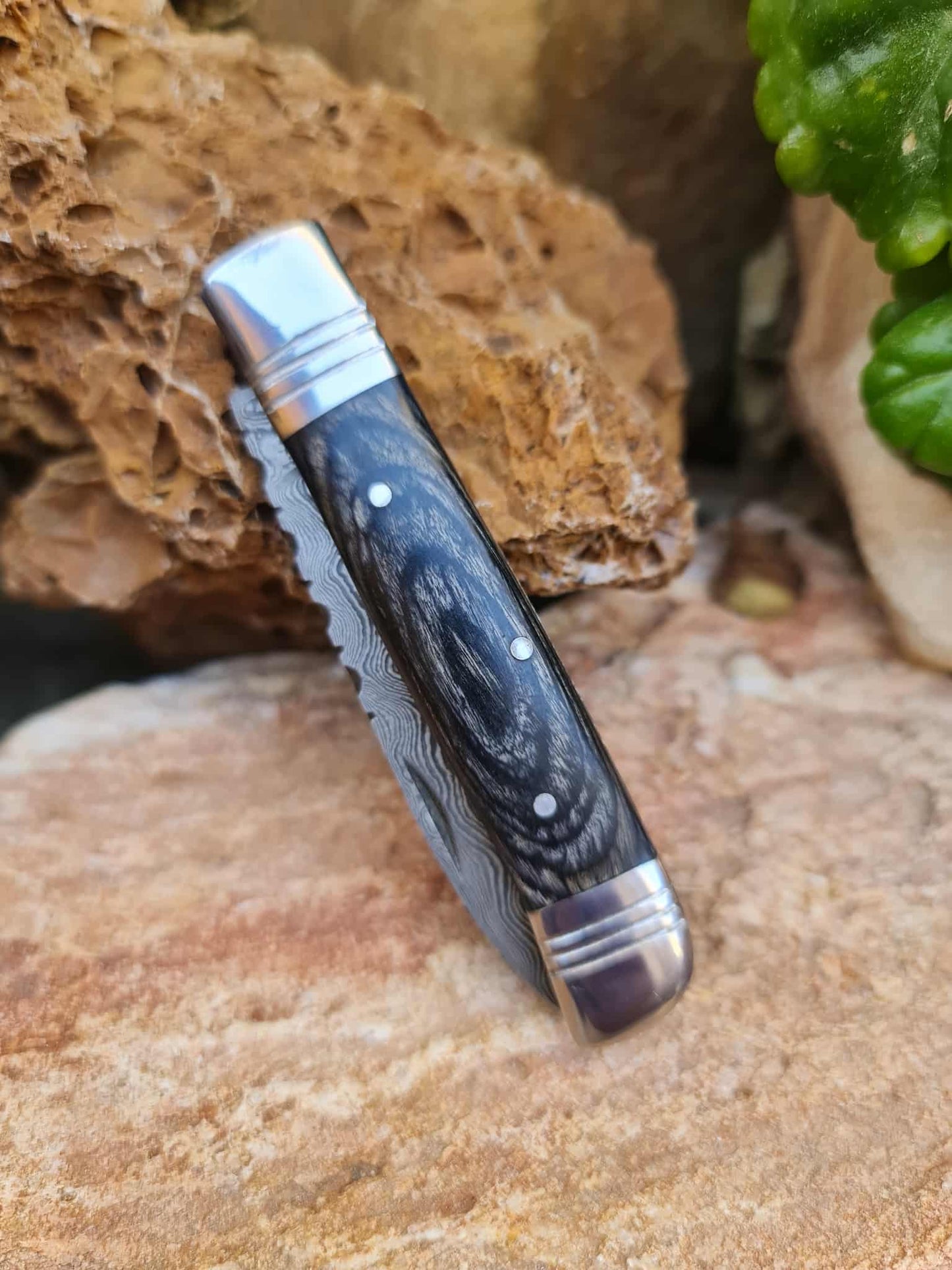 Handmade 18cm Slipjoint Knife with Damascus Steel - Resin wood & D2 Stainless Steel