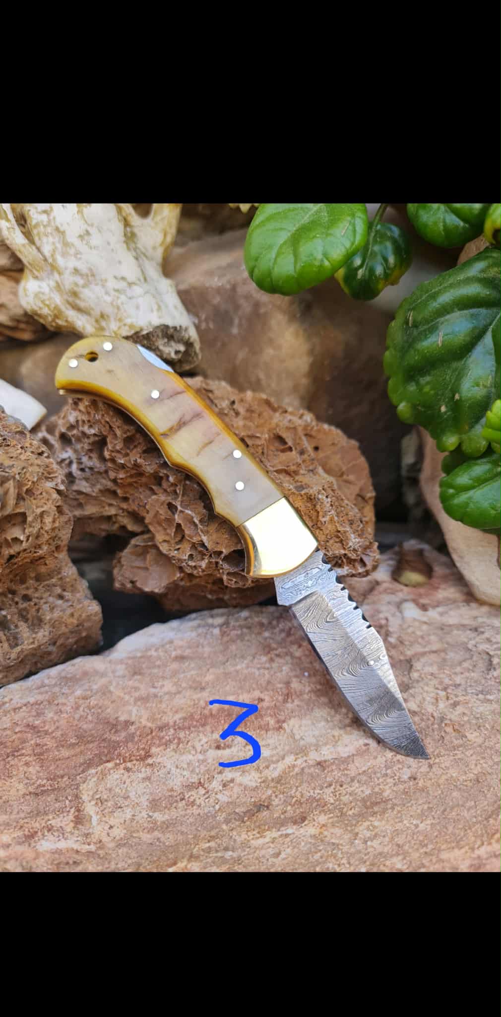 Handmade 17cm Pocket Knife with Damascus Steel - Ram Horn & Brass