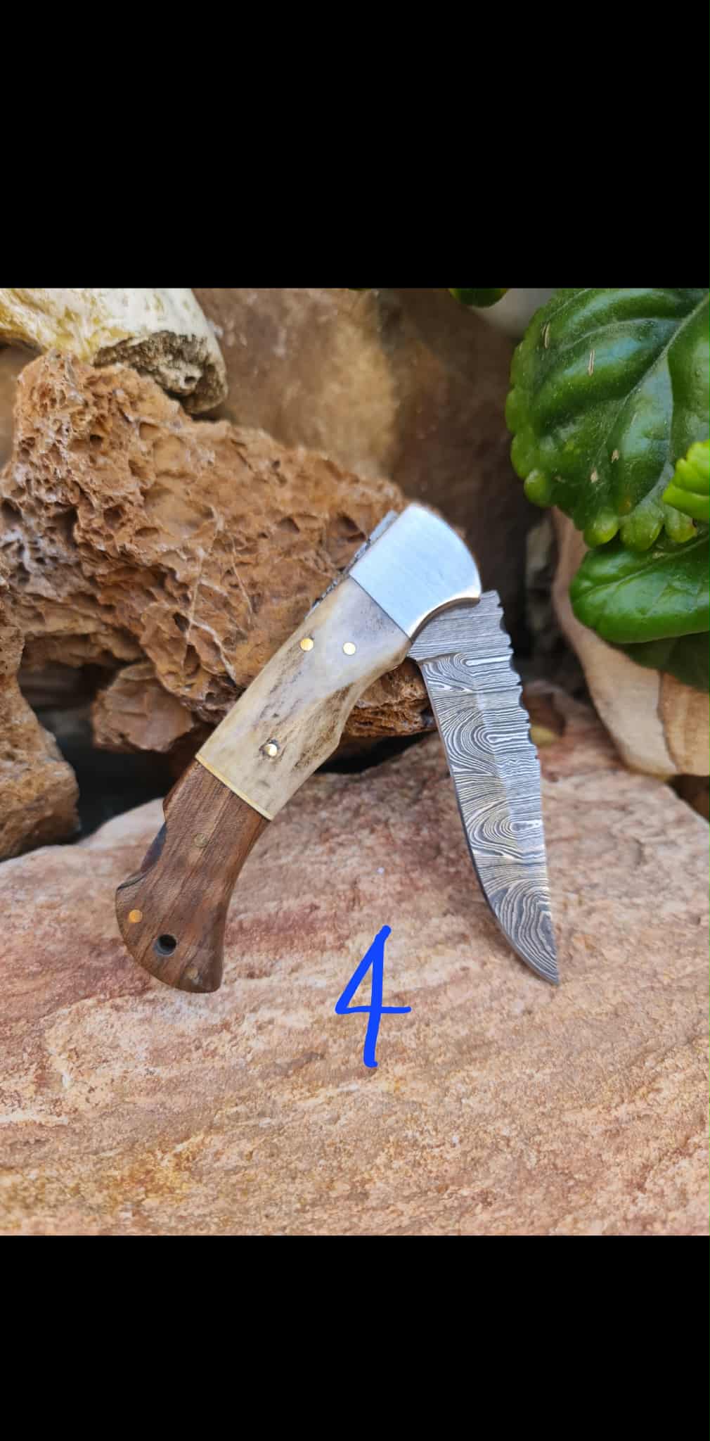 Handmade 19cm Pocket Knife with Damascus Steel - Red deer antler - Walnut wood & D2 Stainless Steel