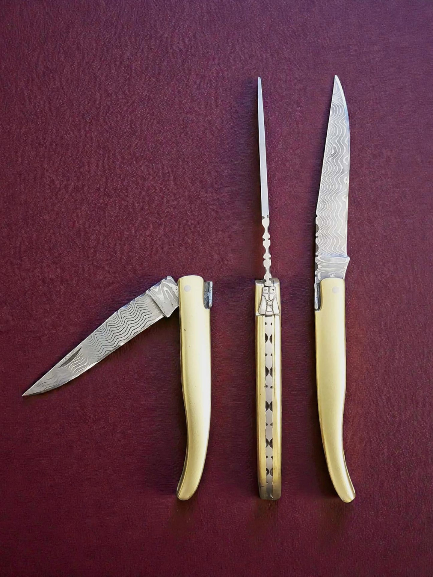 F083 - Χειροποίητο Laguiole Petit από Δαμασκηνό ατσάλι νέας γενιάς (ανοξείδωτο) & Ορείχαλκο