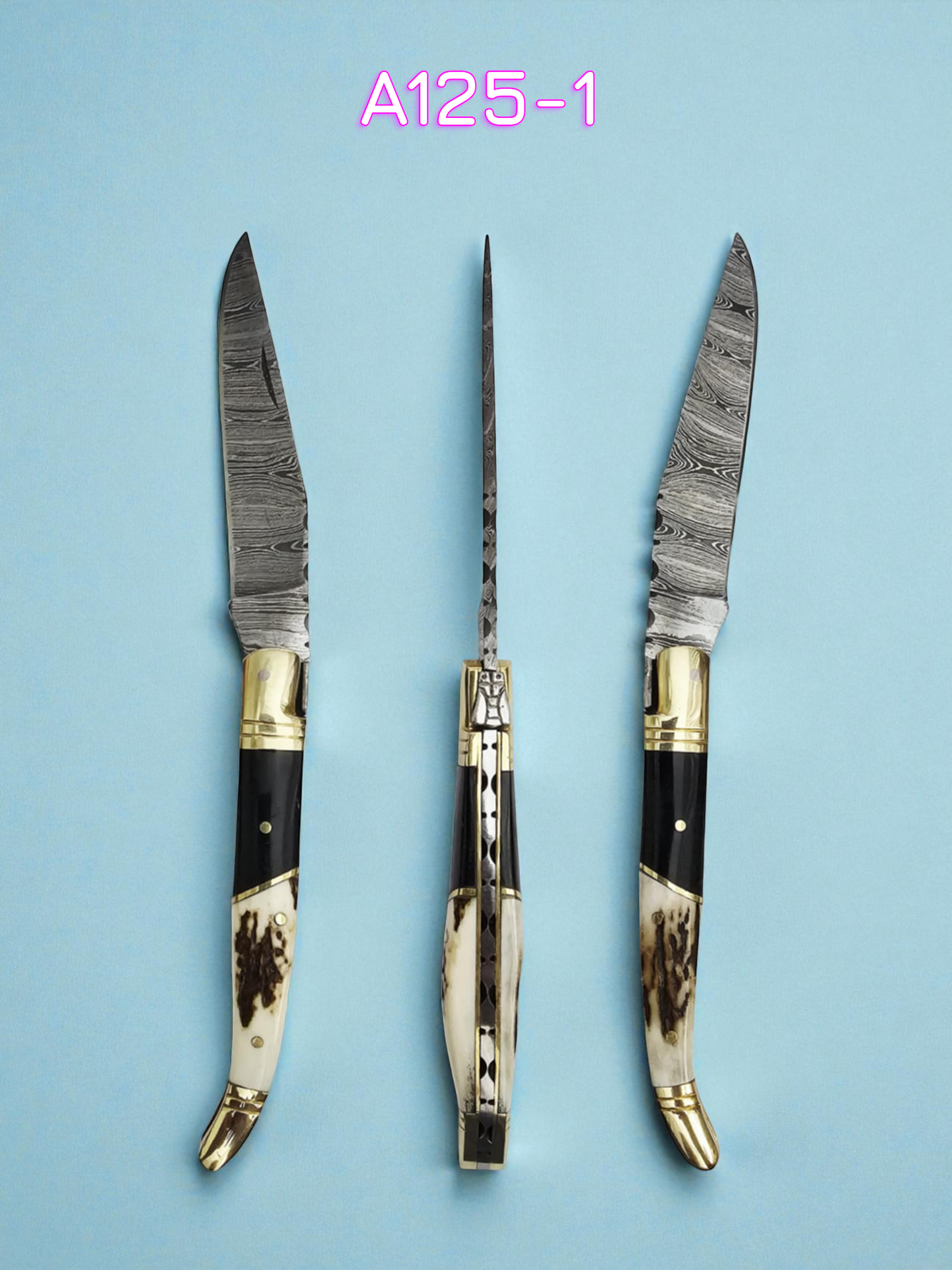 A125 Handmade Laguiole Classique - Damascus Steel - Red Deer Antler & Buffalo Horn