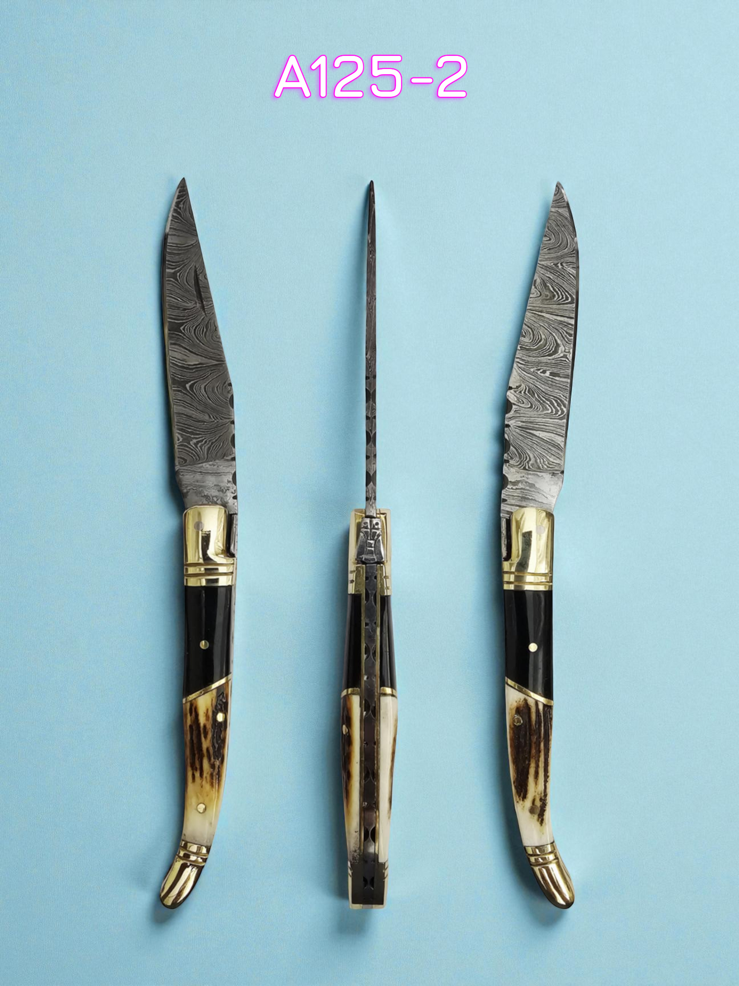 A125 Handmade Laguiole Classique - Damascus Steel - Red Deer Antler & Buffalo Horn