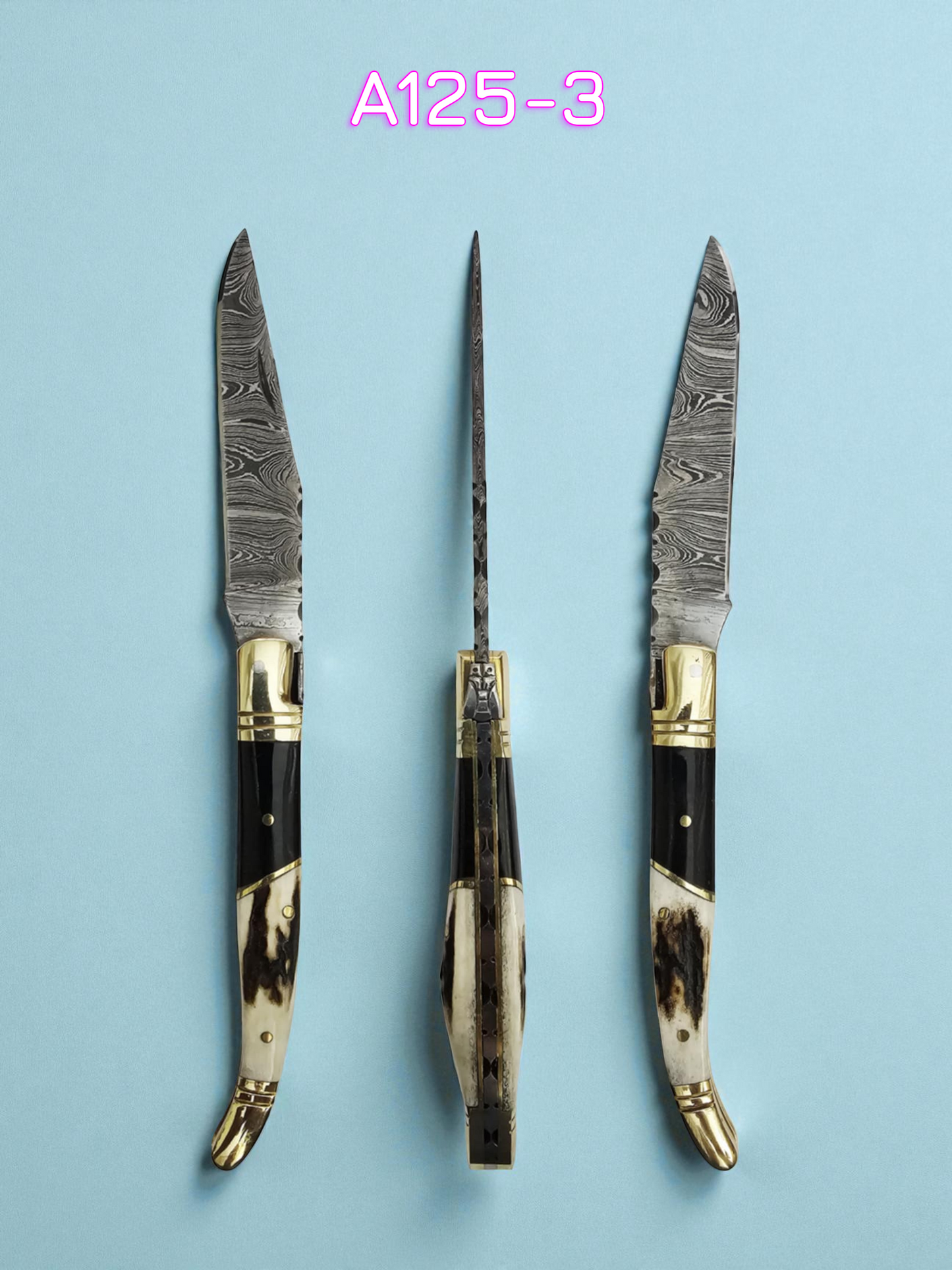 A125 Handmade Laguiole Classique - Damascus Steel - Red Deer Antler & Buffalo Horn