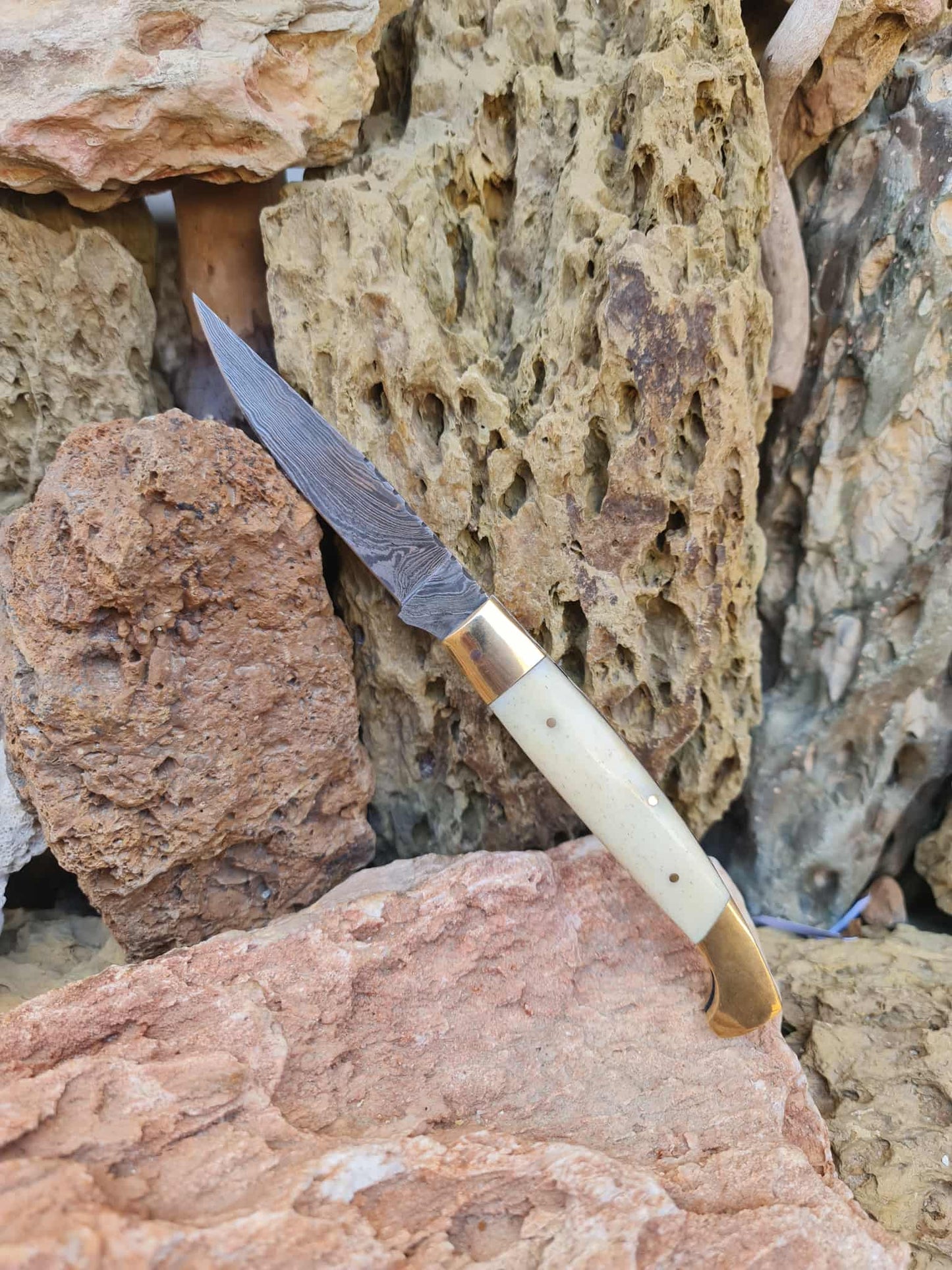 Handmade Resolza Pattadese – 23cm Italian Style Folding Knife with Damascus Steel - Brass & Camel Bone