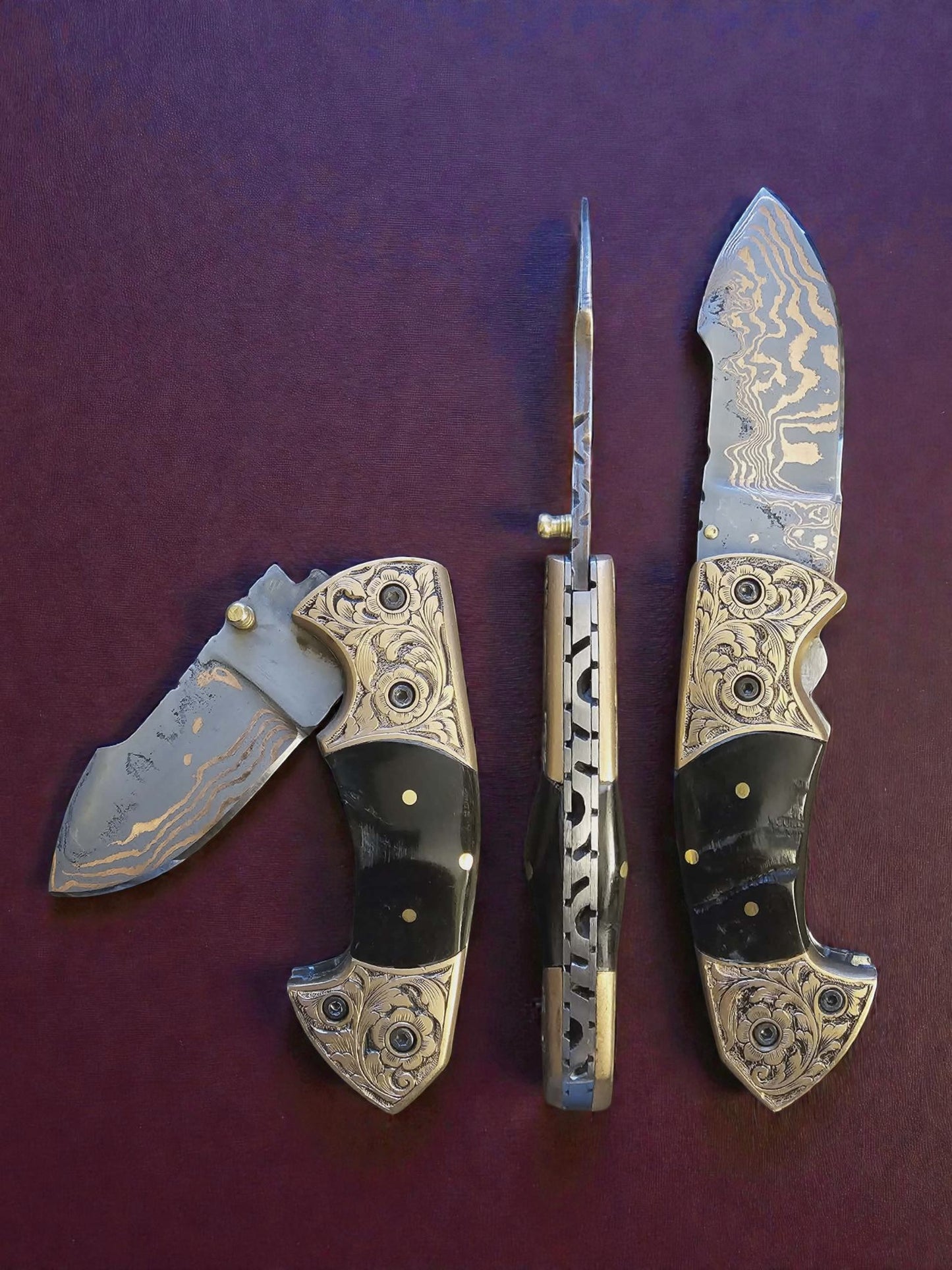 F070 - Χειροποίητο Exclusive EDC από Δαμασκηνό ατσάλι χαλκού & κέρατο άγριου κριαριού