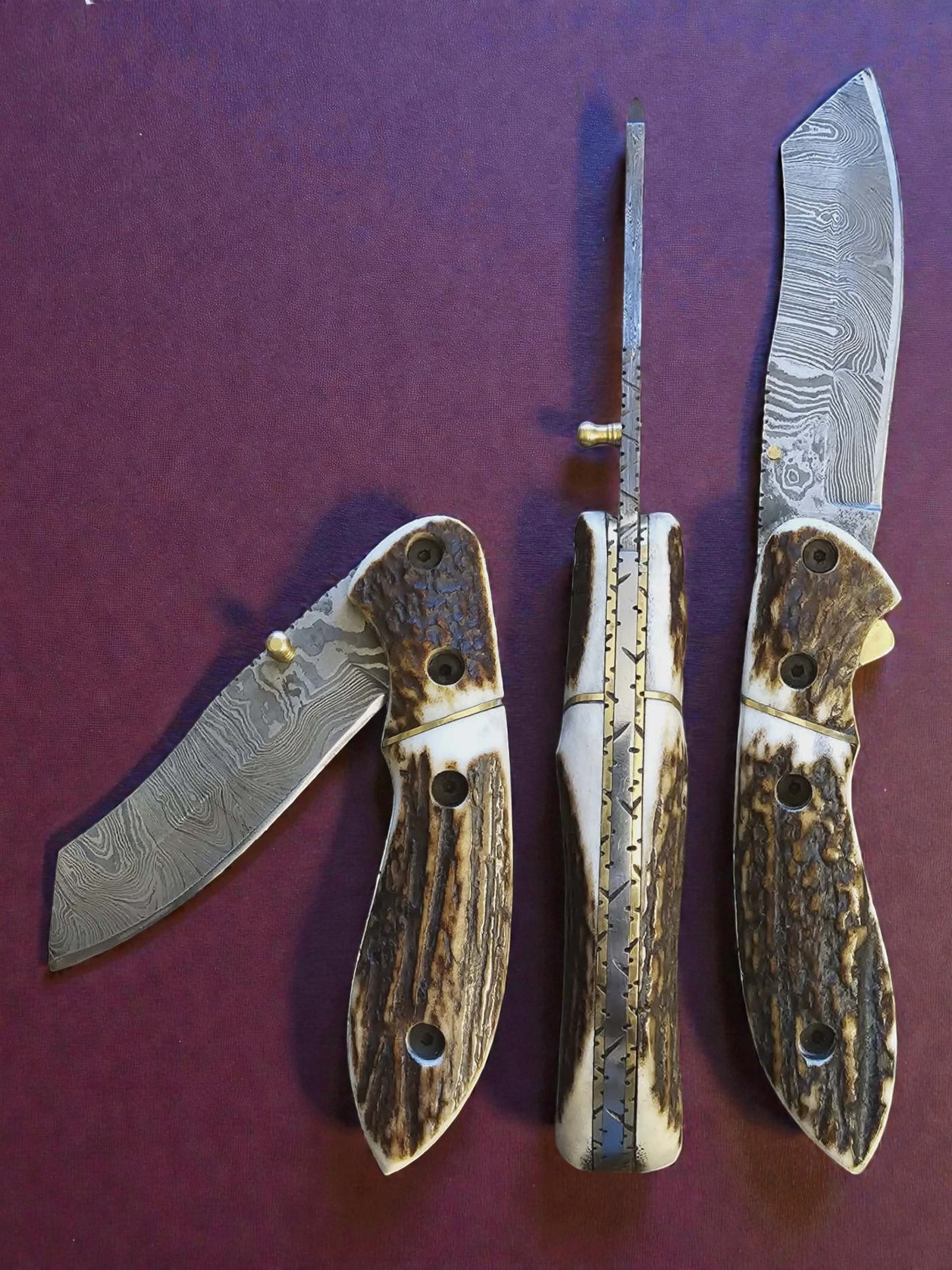 F060 - Χειροποίητο DAO/EDC από Δαμασκηνό ατσάλι & Κέρατο κόκκινου ελαφιού