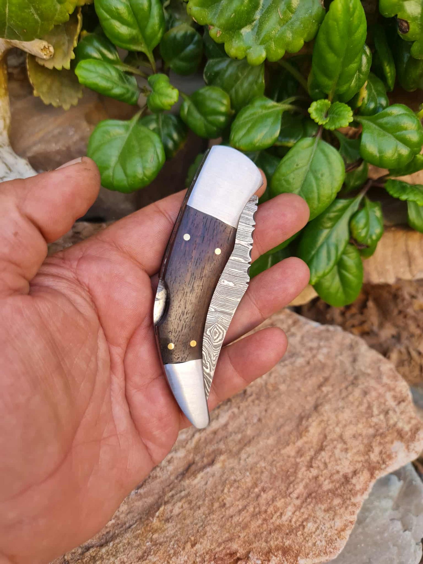Handmade 20cm Pocket Knife with Damascus Steel - Walnut Wood & D2 Stainless Steel