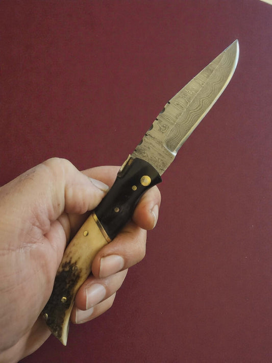 F044 - Χειροποίητο Laguiole Élite από Δαμασκηνό ατσάλι νέας γενιάς (ανοξείδωτο) - Κέρατο βούβαλου & κέρατο κόκκινου ελαφιού