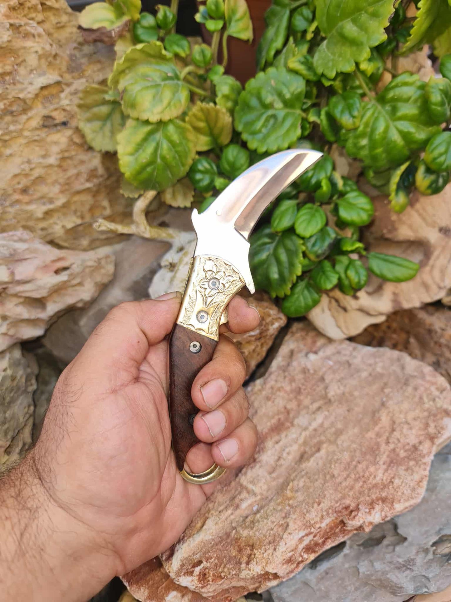 Handmade Karambit – 19cm Folding Knife with Stainless Steel 12C27 - Walnut Wood & Hand Engraved Brass