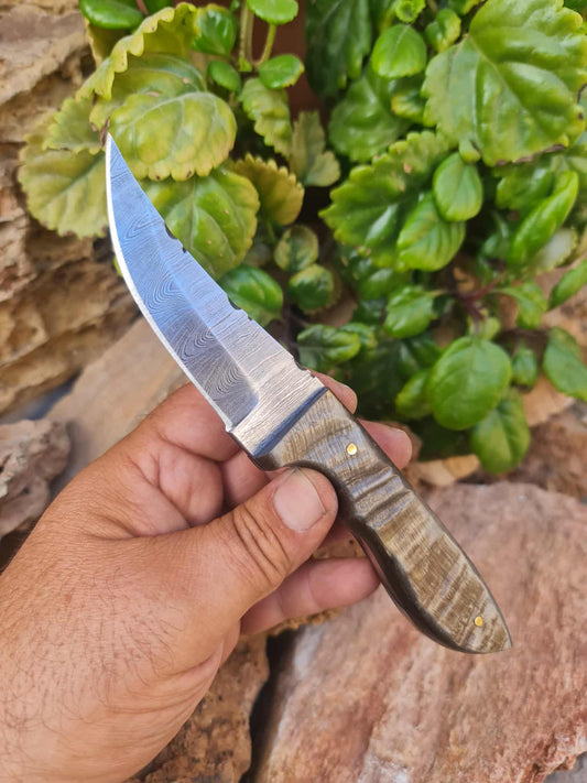 Handmade 21cm Hunting Knife with Damascus Steel & Ram Horn