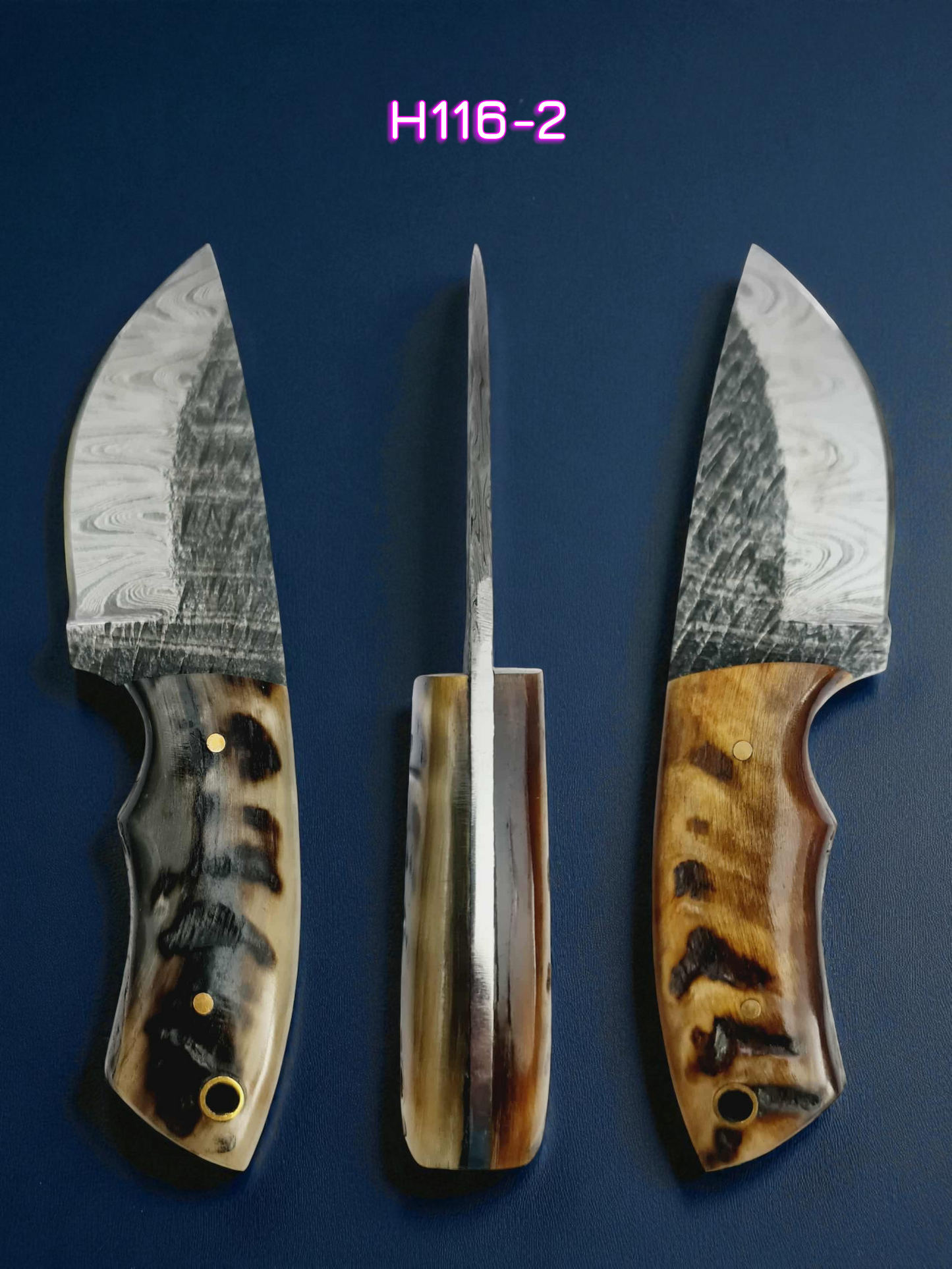 H116 Handmade Mini Skinner Knife - Damascus Steel & Ram Horn
