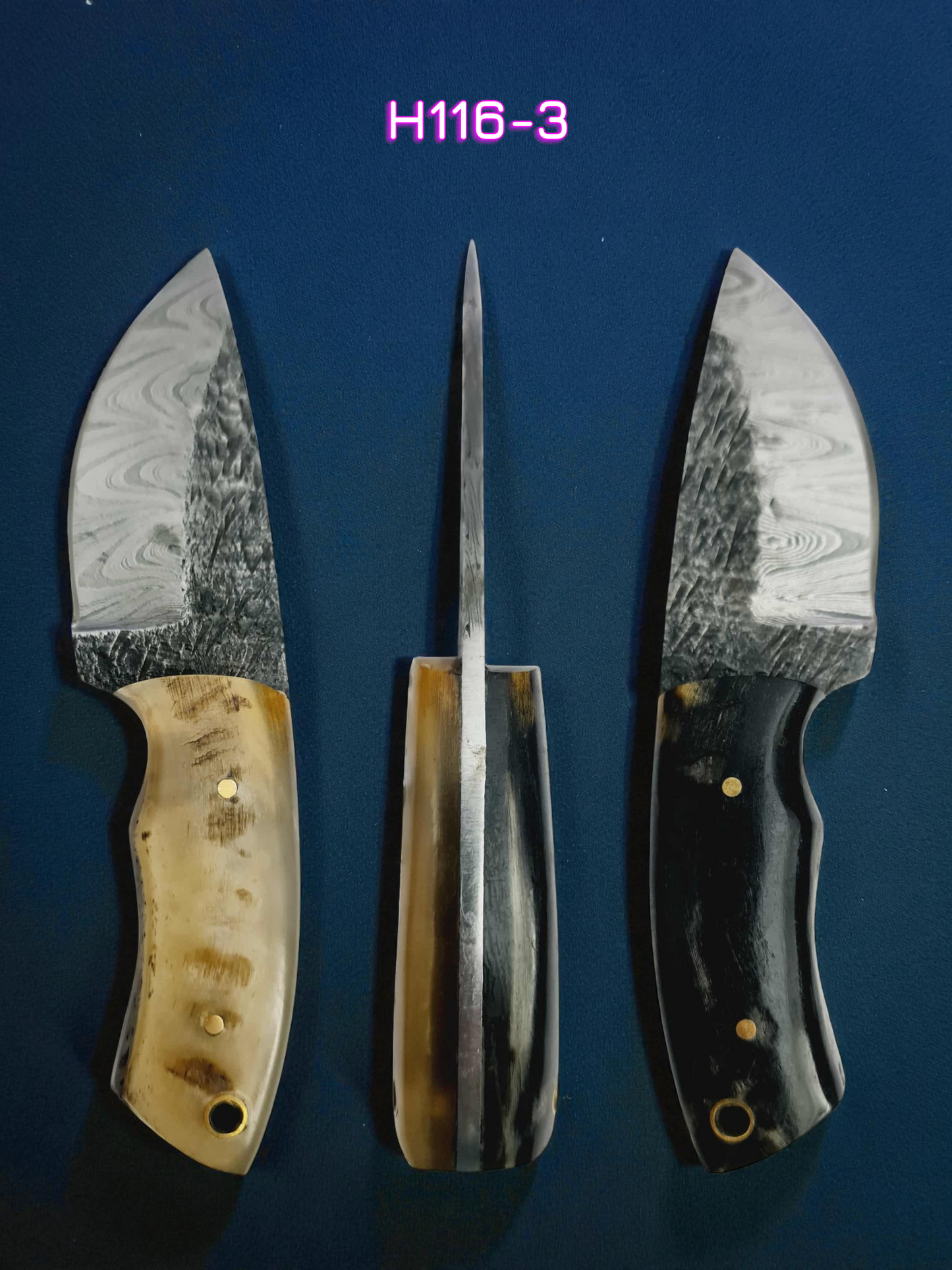 H116 Handmade Mini Skinner Knife - Damascus Steel & Ram Horn