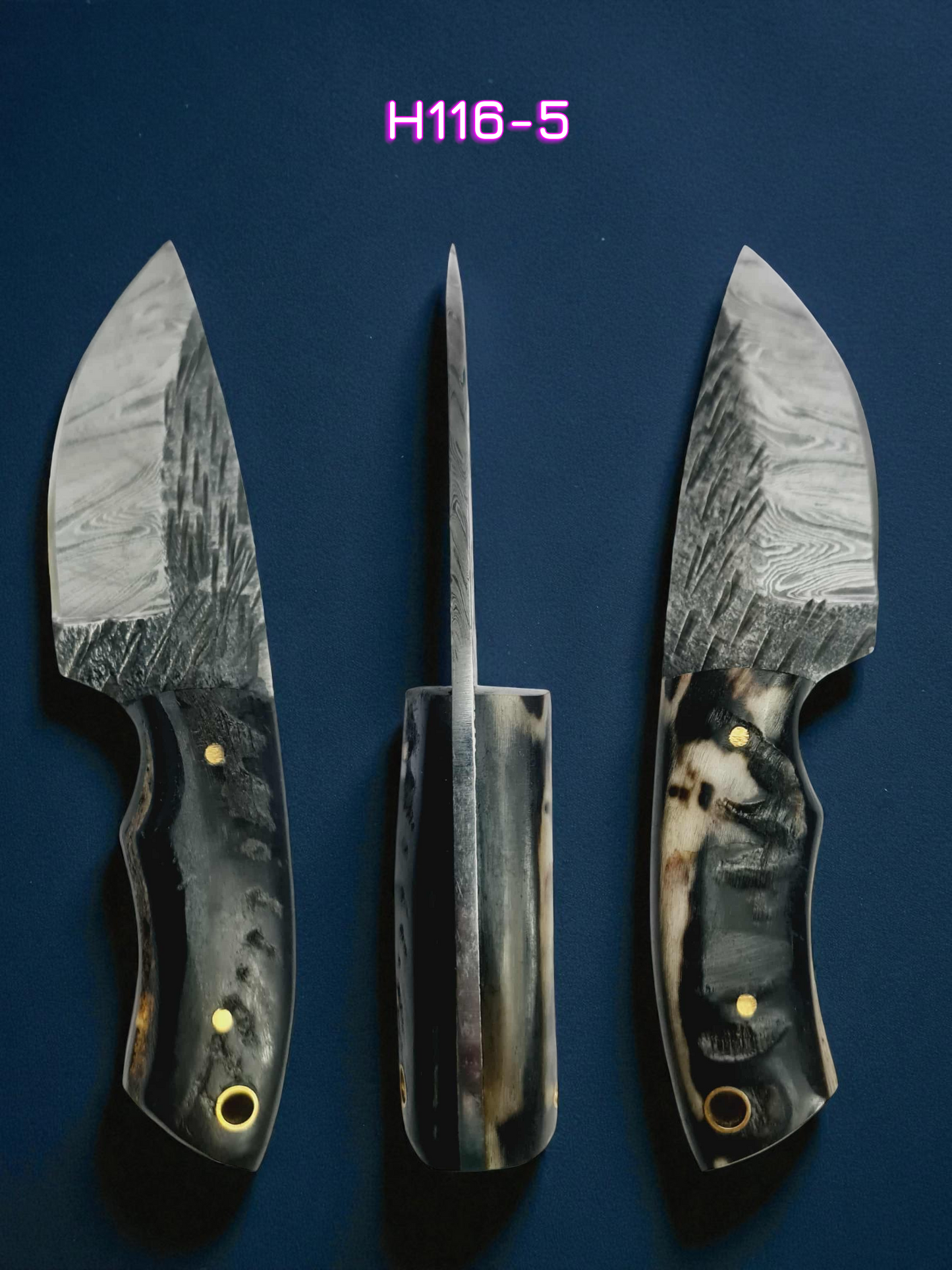 H116 Handmade Mini Skinner Knife - Damascus Steel & Ram Horn