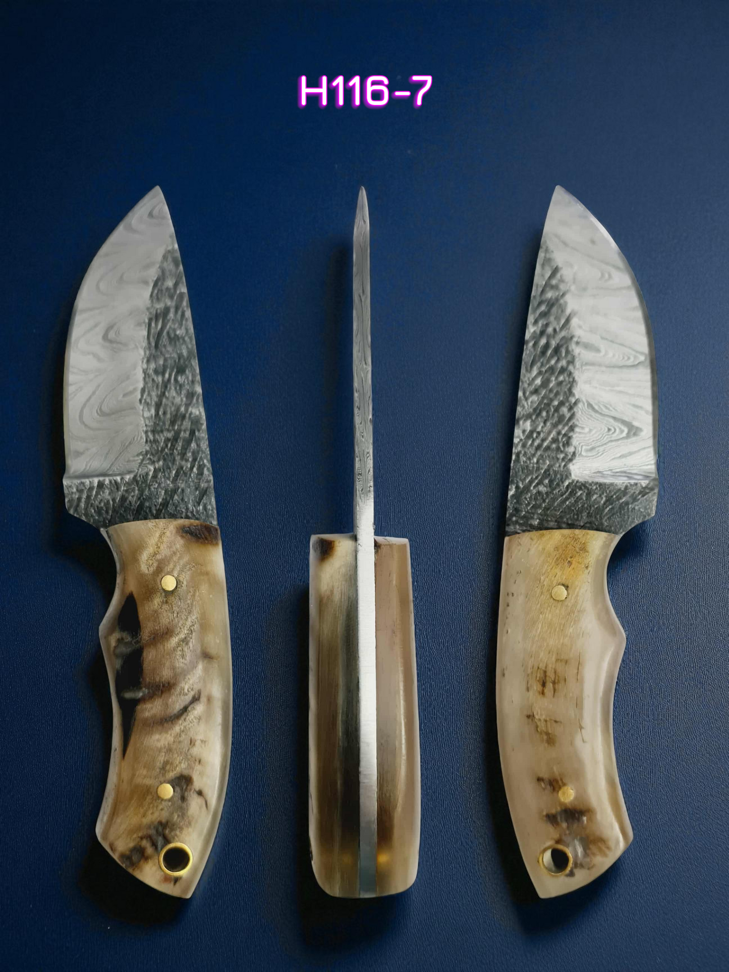 H116 Handmade Mini Skinner Knife - Damascus Steel & Ram Horn