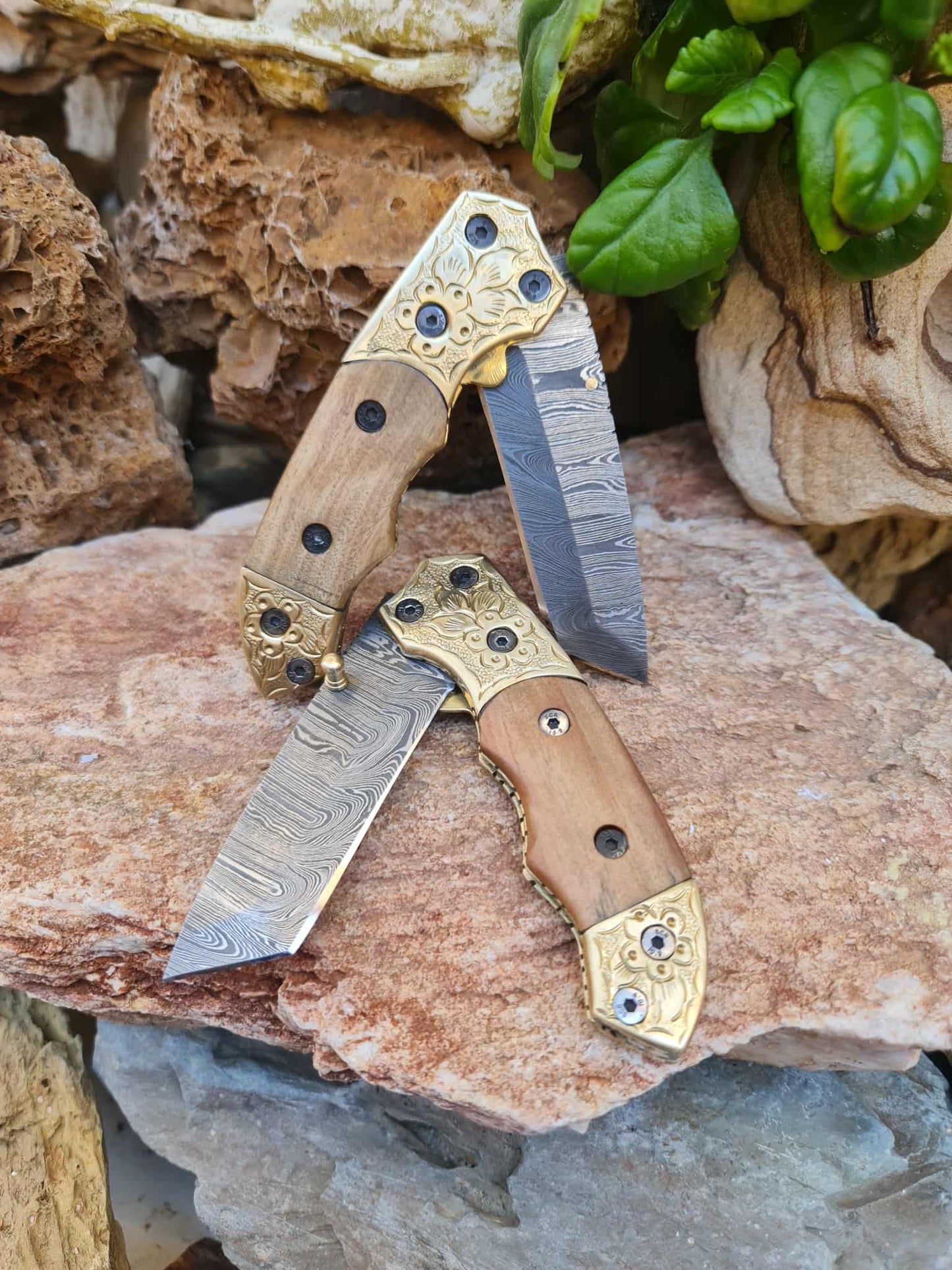 Handmade Limited Edition with Serial Number 19cm Knife with Damascus Steel - Olive wood & Hand Engraved Brass (Exclusive Knife with Serial Number)