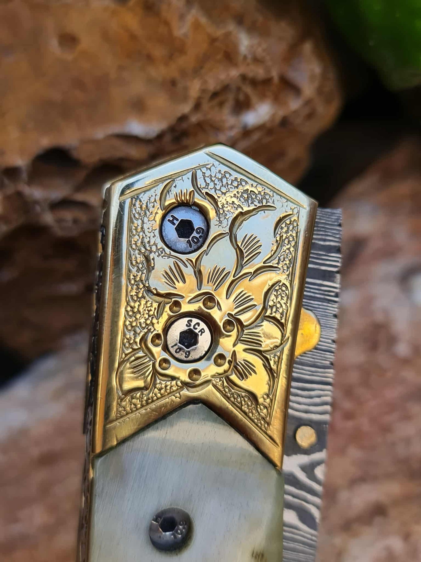 Handmade Limited Edition with Serial Number 20cm Knife with Damascus Steel - Cyprus Wild Mouflon Horn & Hand Engraved Brass (Exclusive Knife with Serial Number & Exclusive Gift Box)