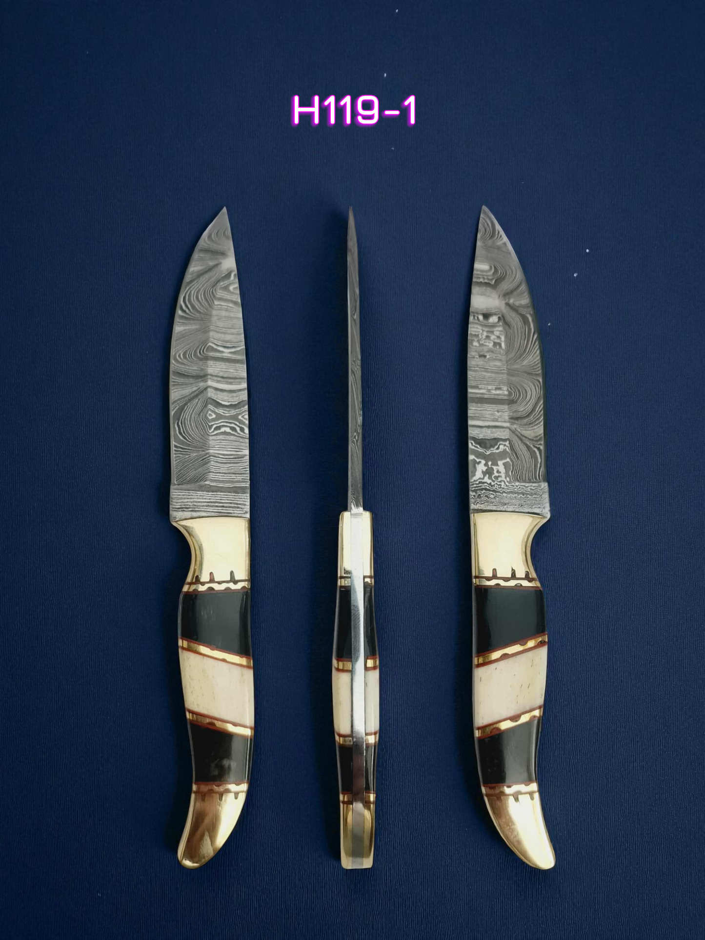 H119 Handmade Mini Hunting Knife - Damascus Steel - Buffalo Horn & Camel Bone