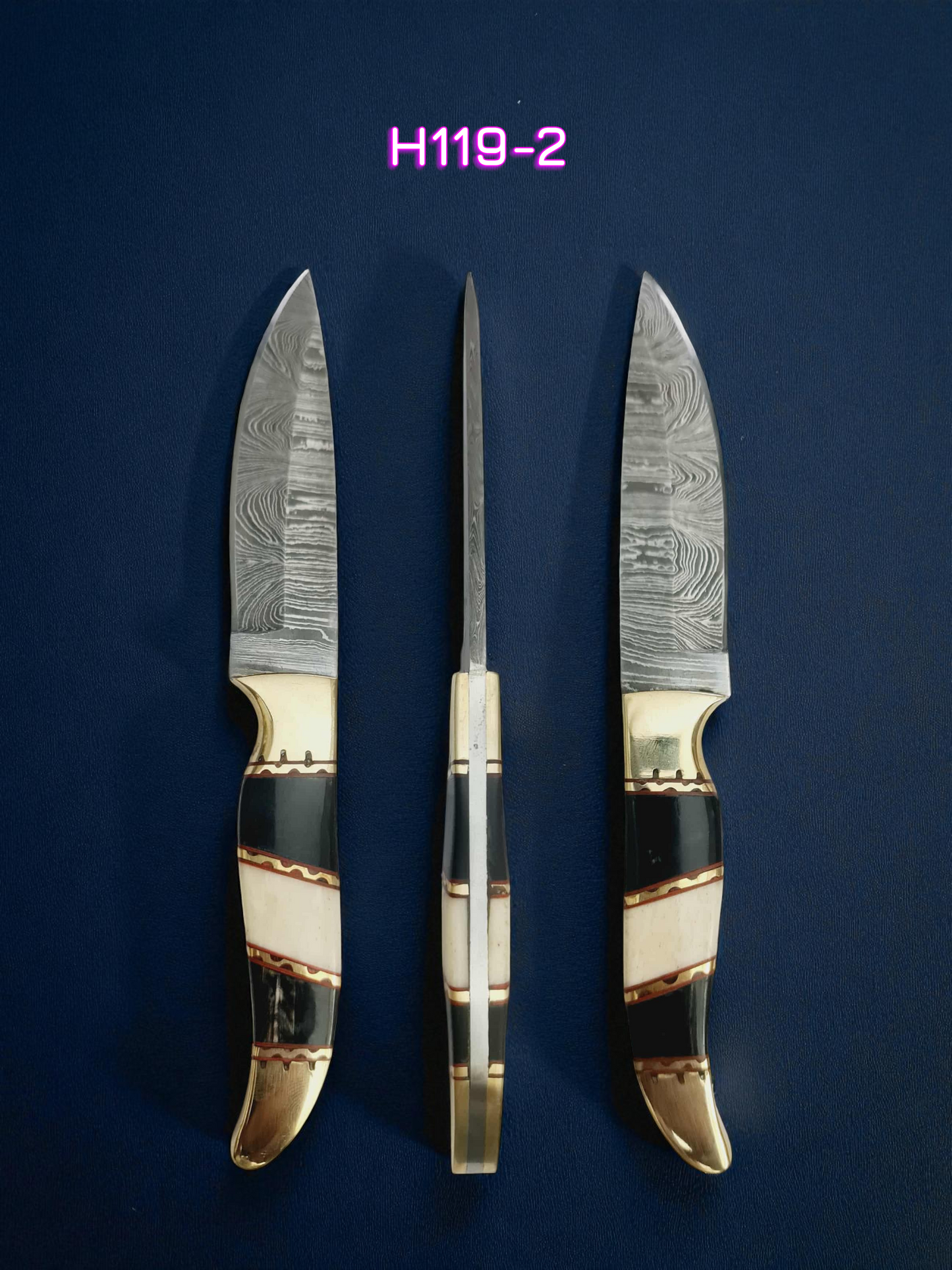 H119 Handmade Mini Hunting Knife - Damascus Steel - Buffalo Horn & Camel Bone