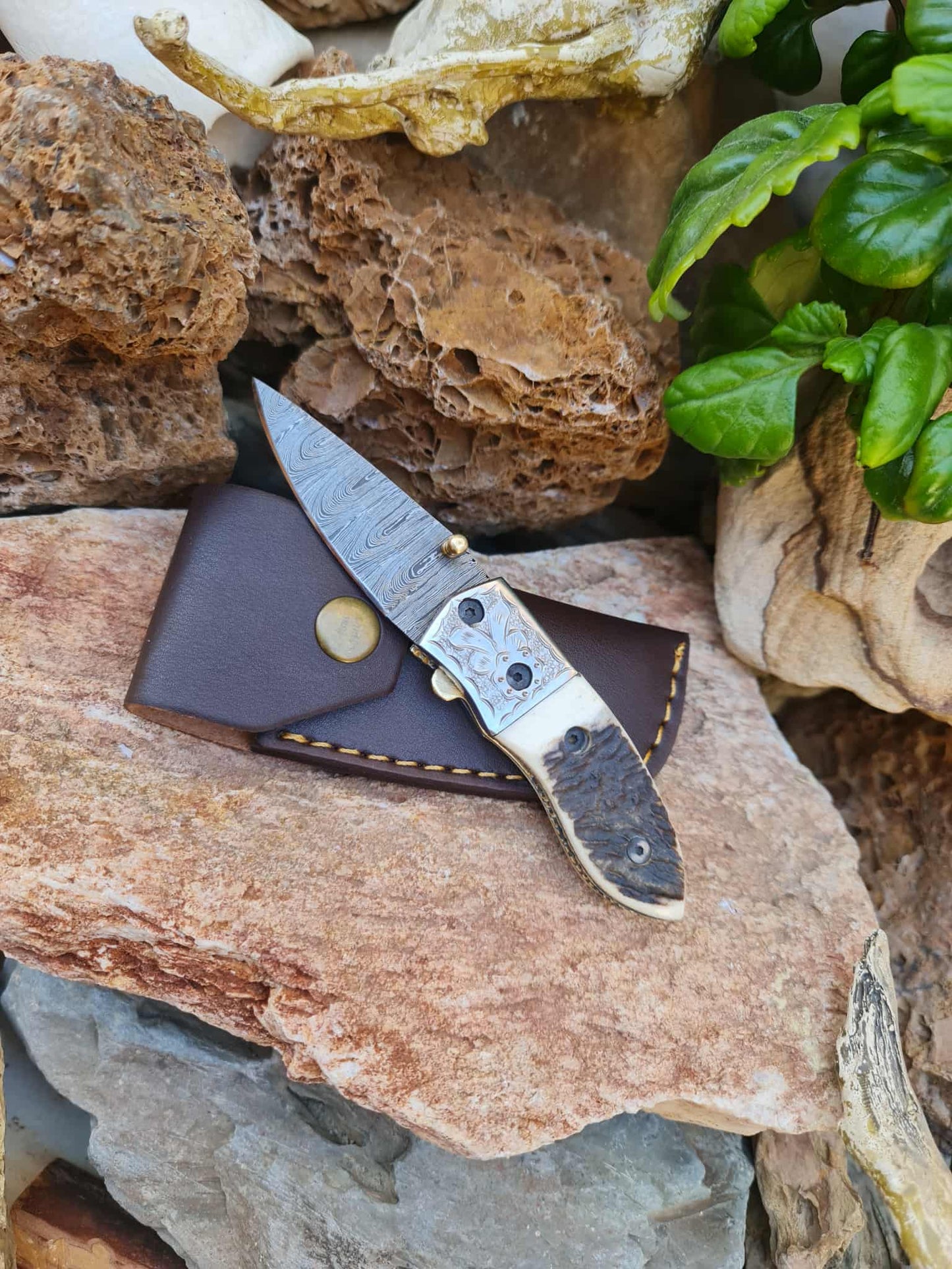 Handmade Limited Edition with Serial Number 16cm Knives with Damascus Steel - Red Deer antler & Hand Engraved Stainless Steel D2 (Exclusive Knife with Serial Number)