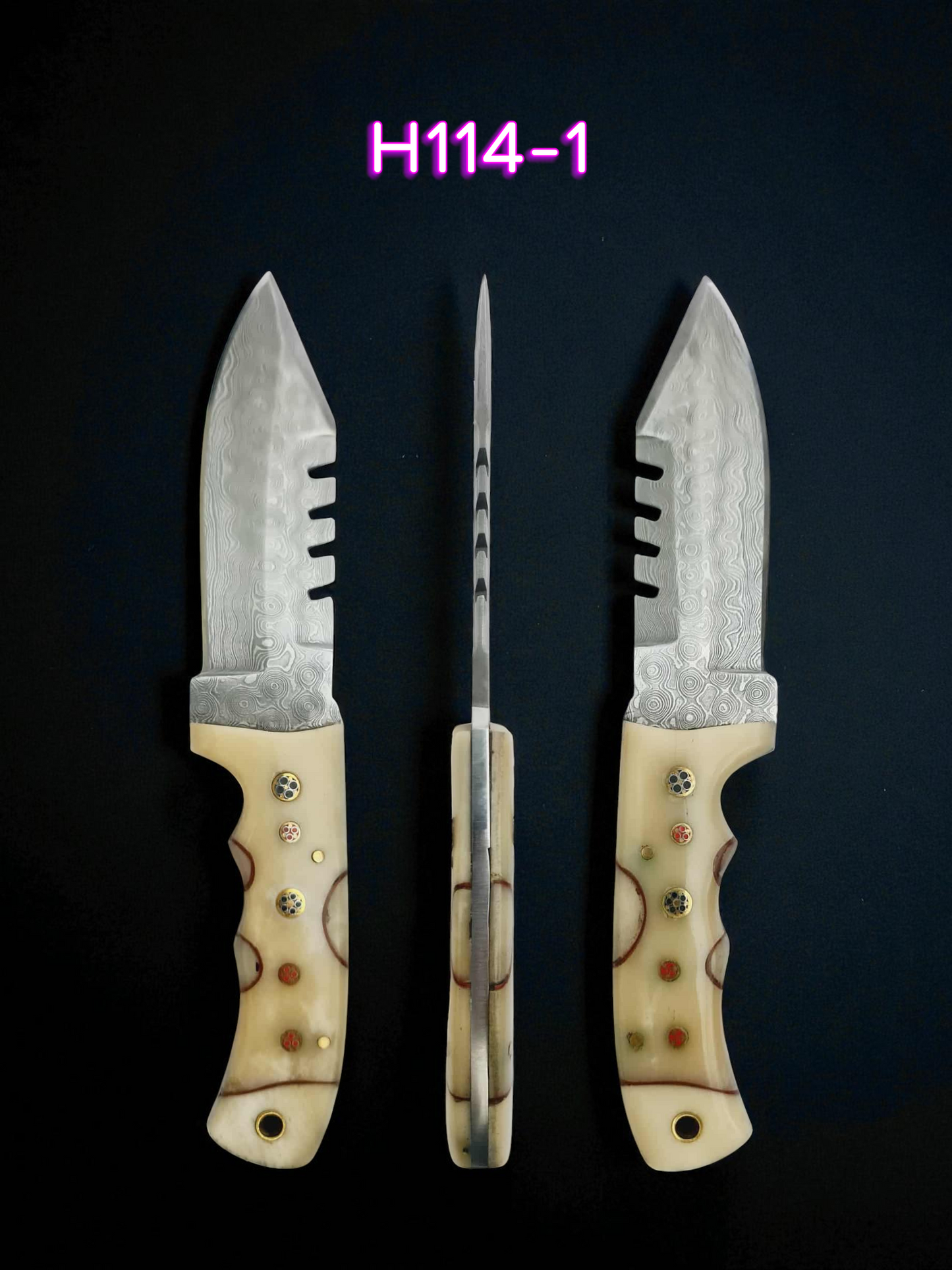 H114 Handmade Hunting Knife - Raindrop Damascus Steel & Camel Bone