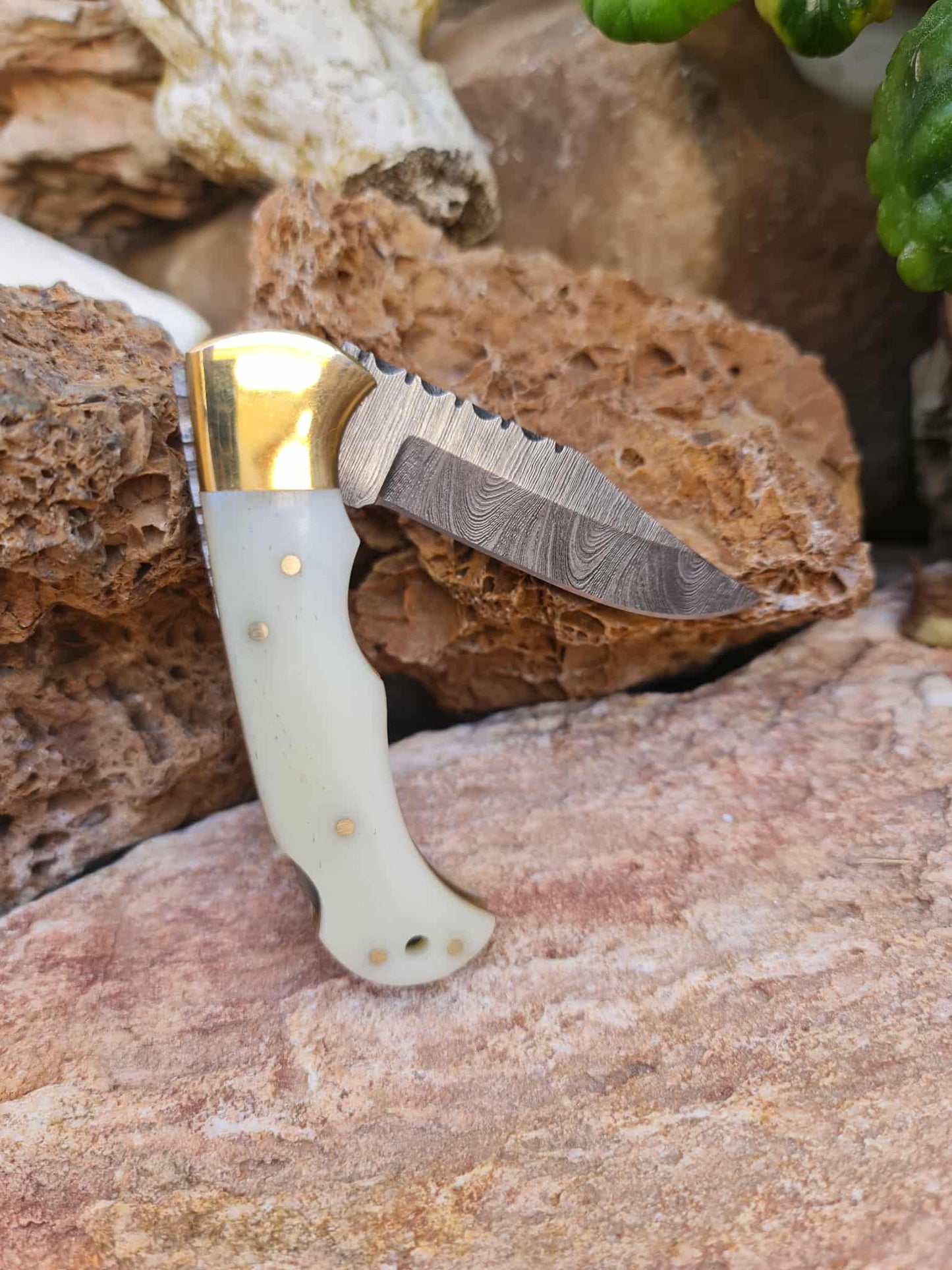 Handmade 17cm Pocket Knife with Damascus Steel - Camel Bone & Brass
