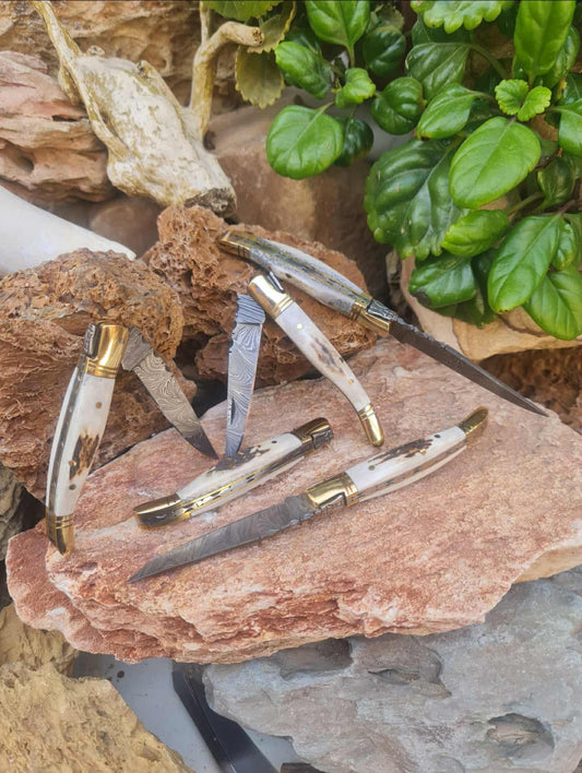Handmade 19cm Laguiole Classique with Damascus Steel - Red Deer antler & Brass