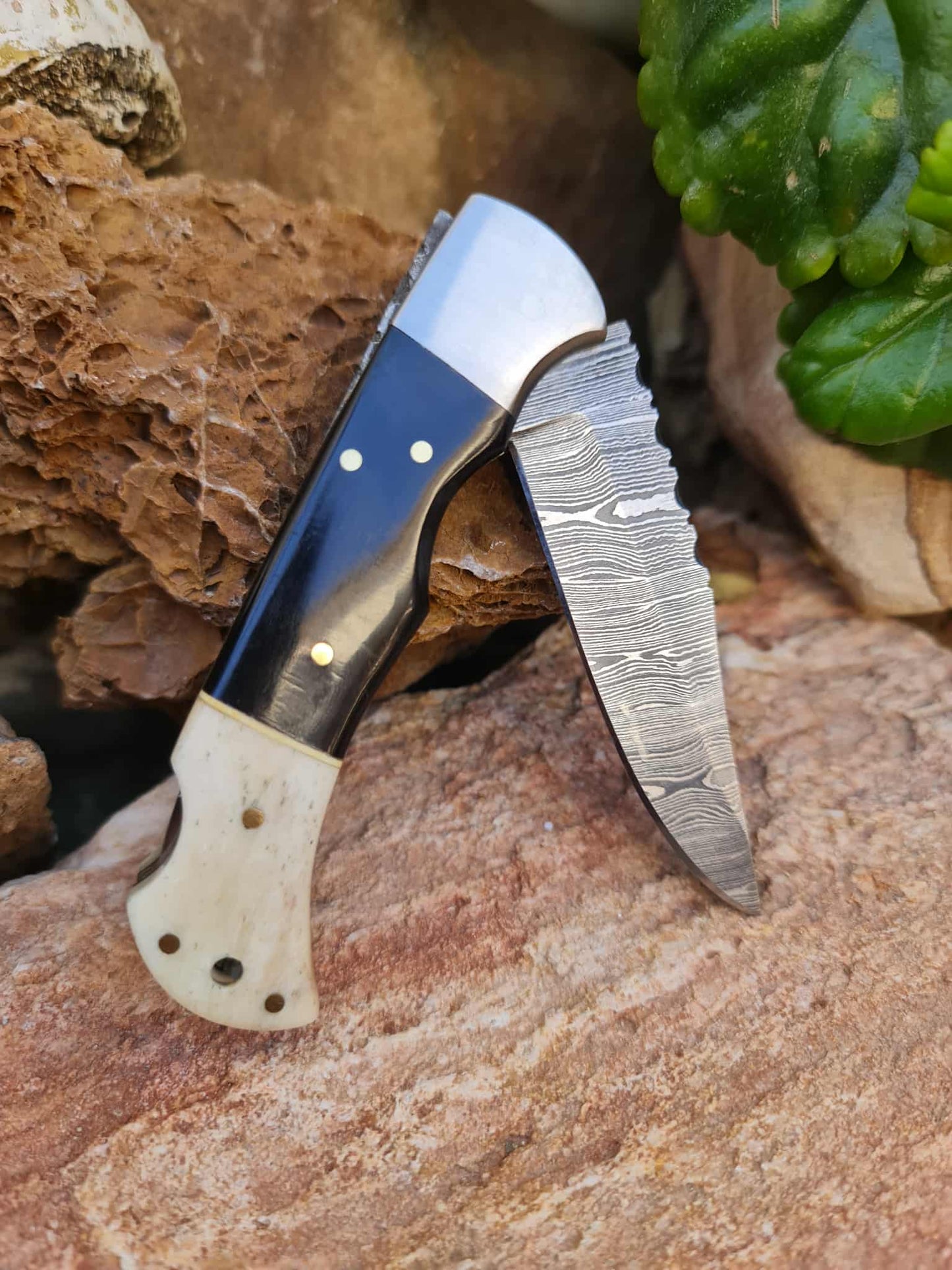 Handmade 19cm Pocket Knife with Damascus Steel - Buffalo Horn - Camel Bone & D2 Stainless Steel