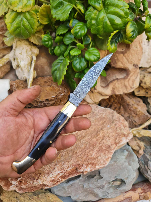Handmade Resolza Pattadese – 23cm Italian Style Folding Knife with Damascus Steel - Buffalo Horn & Brass
