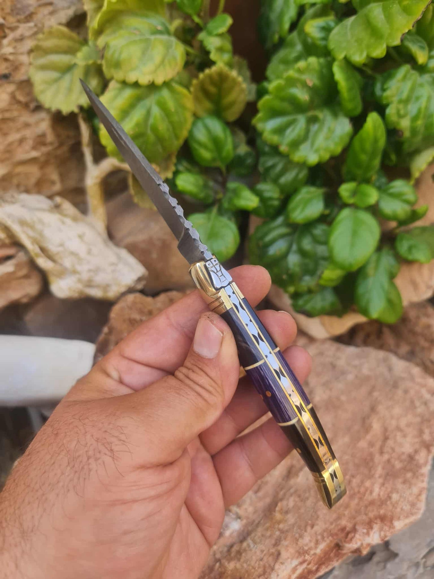 Handmade 22cm Laguiole Classique with Damascus Steel - Buffalo Horn - Stabilized wood & Brass