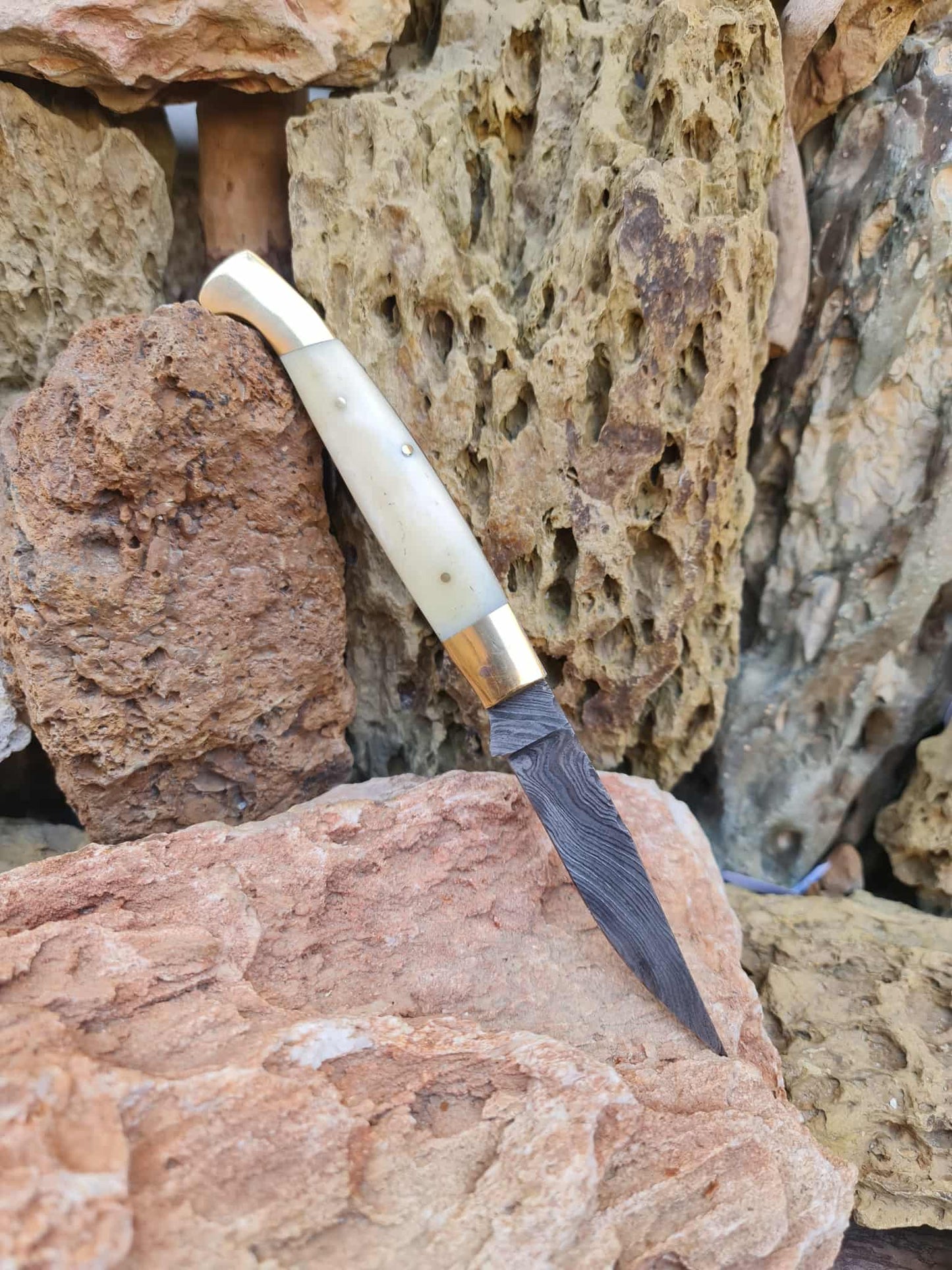Handmade Resolza Pattadese – 23cm Italian Style Folding Knife with Damascus Steel - Brass & Camel Bone