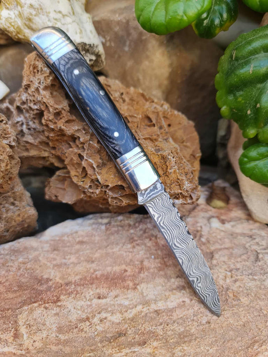 Handmade 18cm Slipjoint Knife with Damascus Steel - Resin wood & D2 Stainless Steel