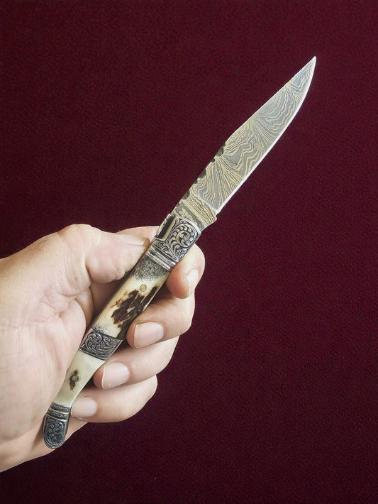 F037 - Χειροποίητο Laguiole Art Edition από Δαμασκηνό ατσάλι & Κέρατο κόκκινου ελαφιού