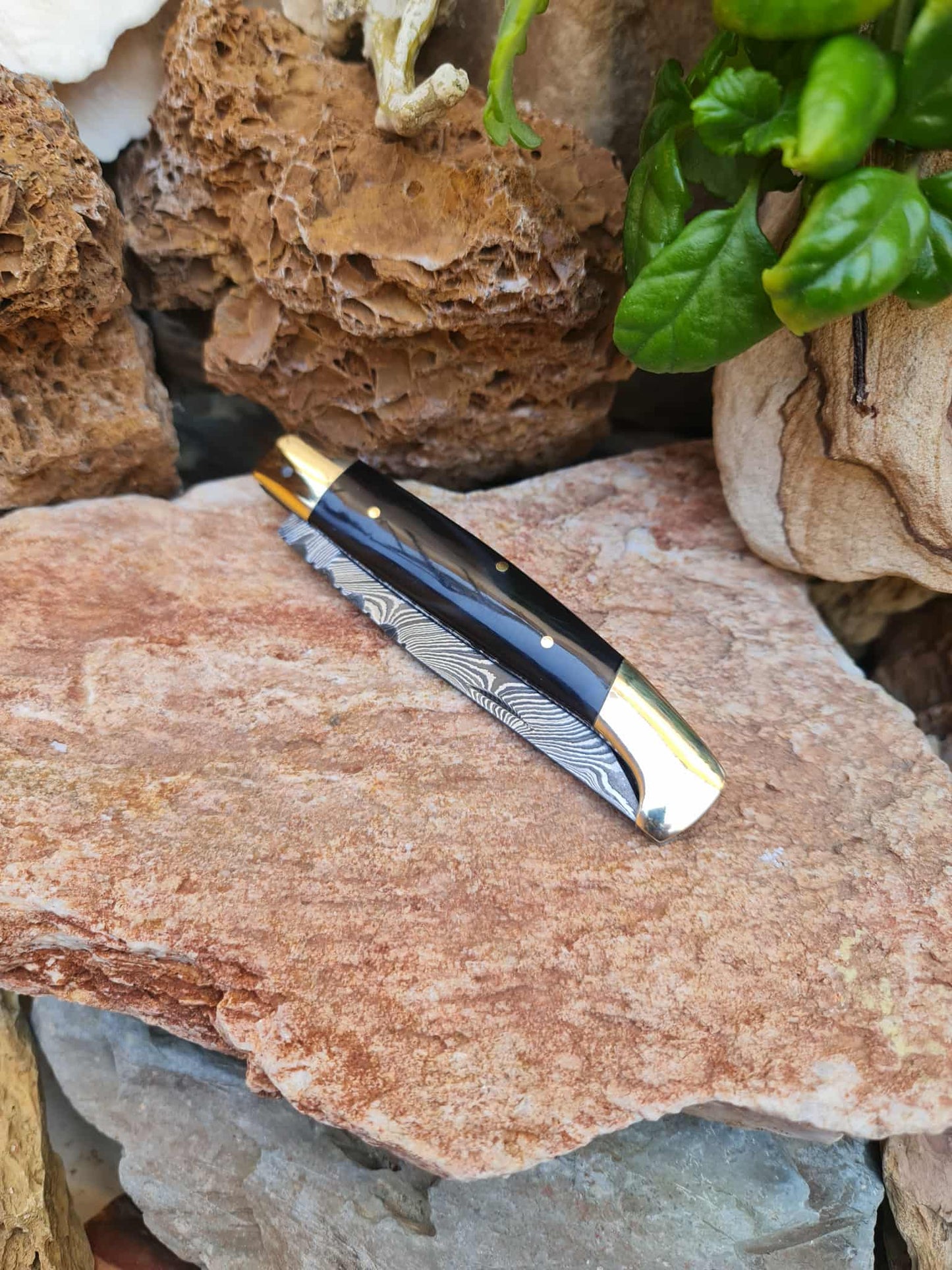 Handmade Resolza Pattadese – 23cm Italian Style Folding Knife with Damascus Steel - Buffalo Horn & Brass