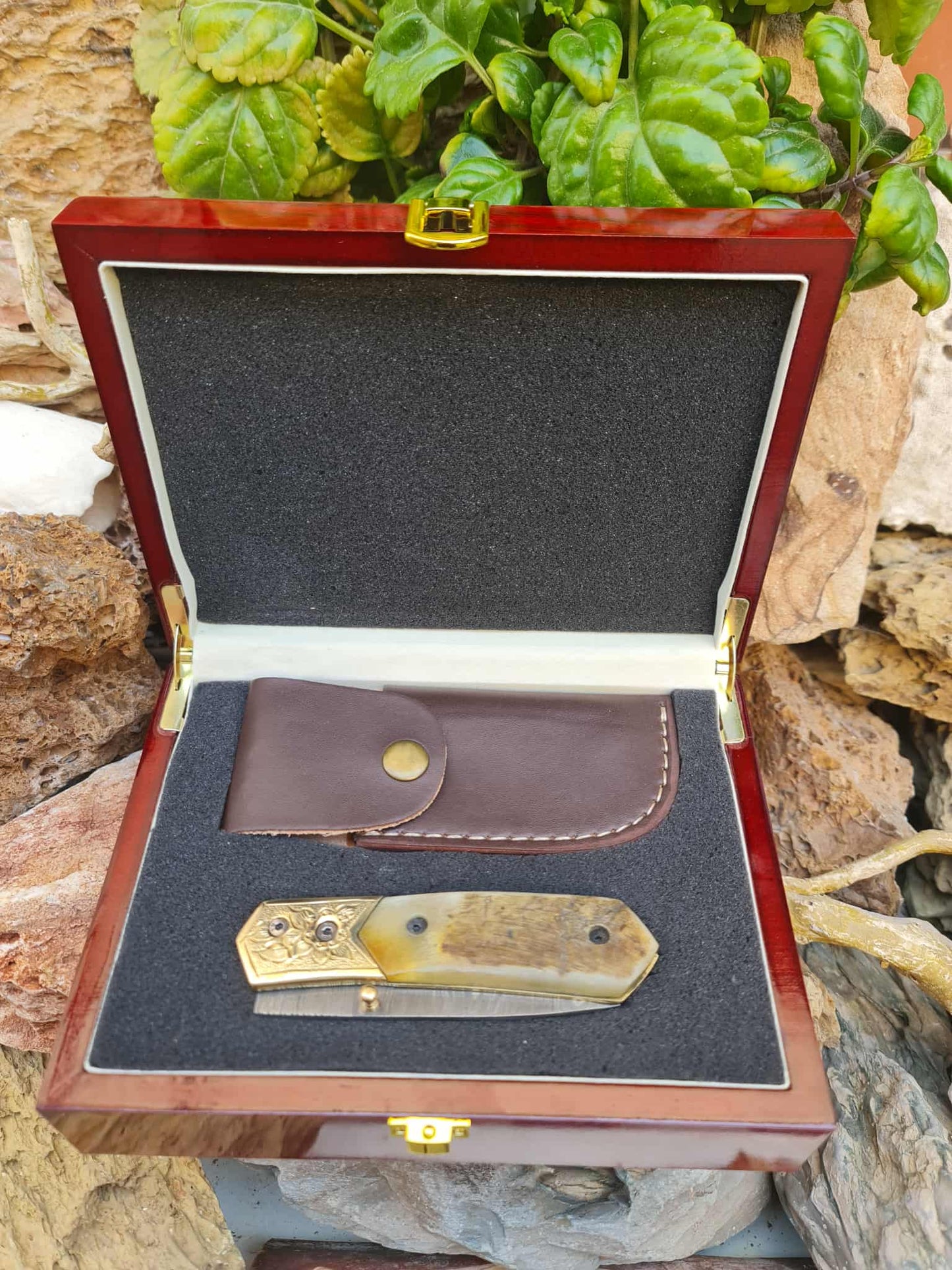 Handmade Limited Edition with Serial Number 20cm Knife with Damascus Steel - Cyprus Wild Mouflon Horn & Hand Engraved Brass (Exclusive Knife with Serial Number & Exclusive Gift Box)
