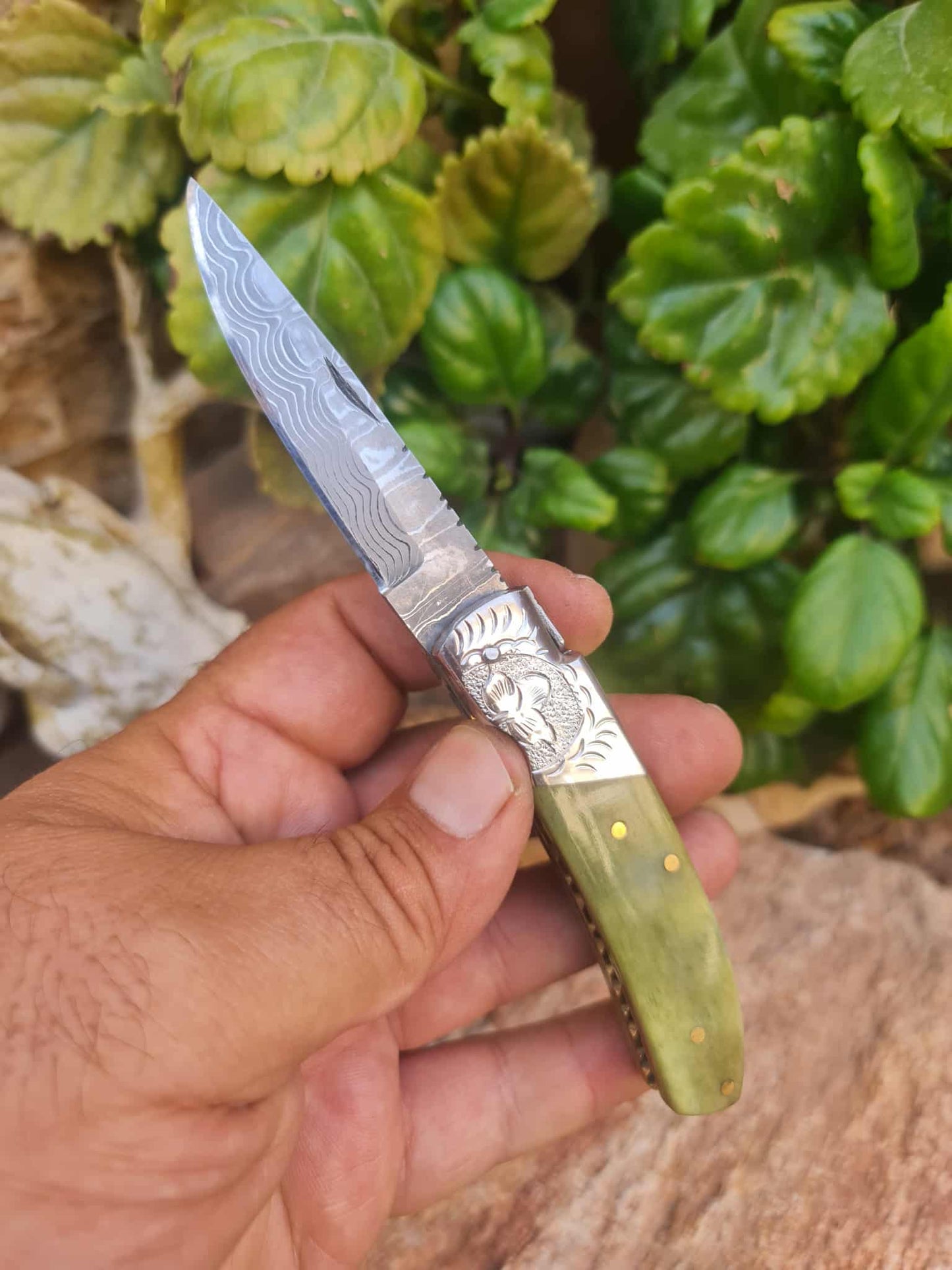 Handmade 16cm Laguiole de Poche with Stainless Damascus® - Stabilized Camel Bone & Hand Engraved AEB-L Steel