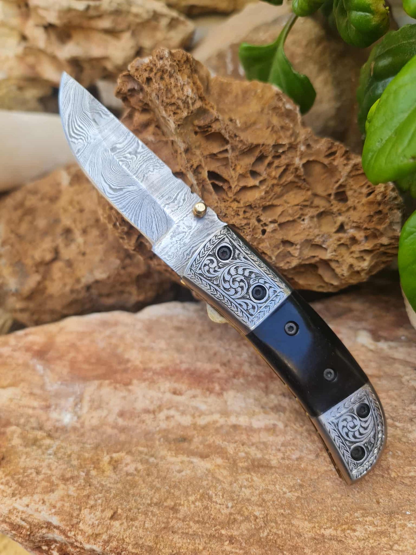 Handmade Limited Edition with Serial Number 18cm Knife with 420 Stainless Steel with Master Hand-Engraved - Buffalo Horn & Damascus Steel