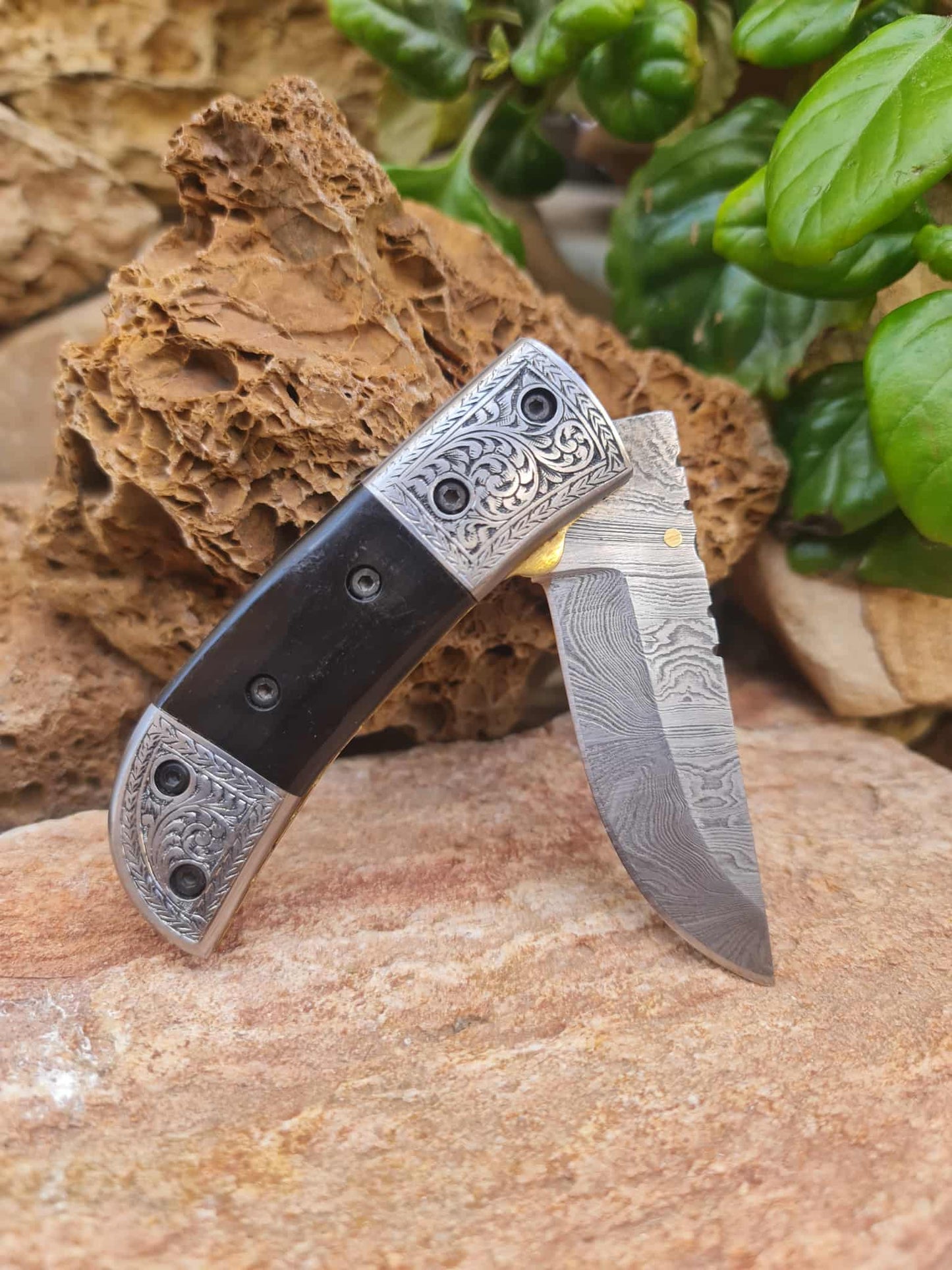 Handmade Limited Edition with Serial Number 18cm Knife with 420 Stainless Steel with Master Hand-Engraved - Buffalo Horn & Damascus Steel