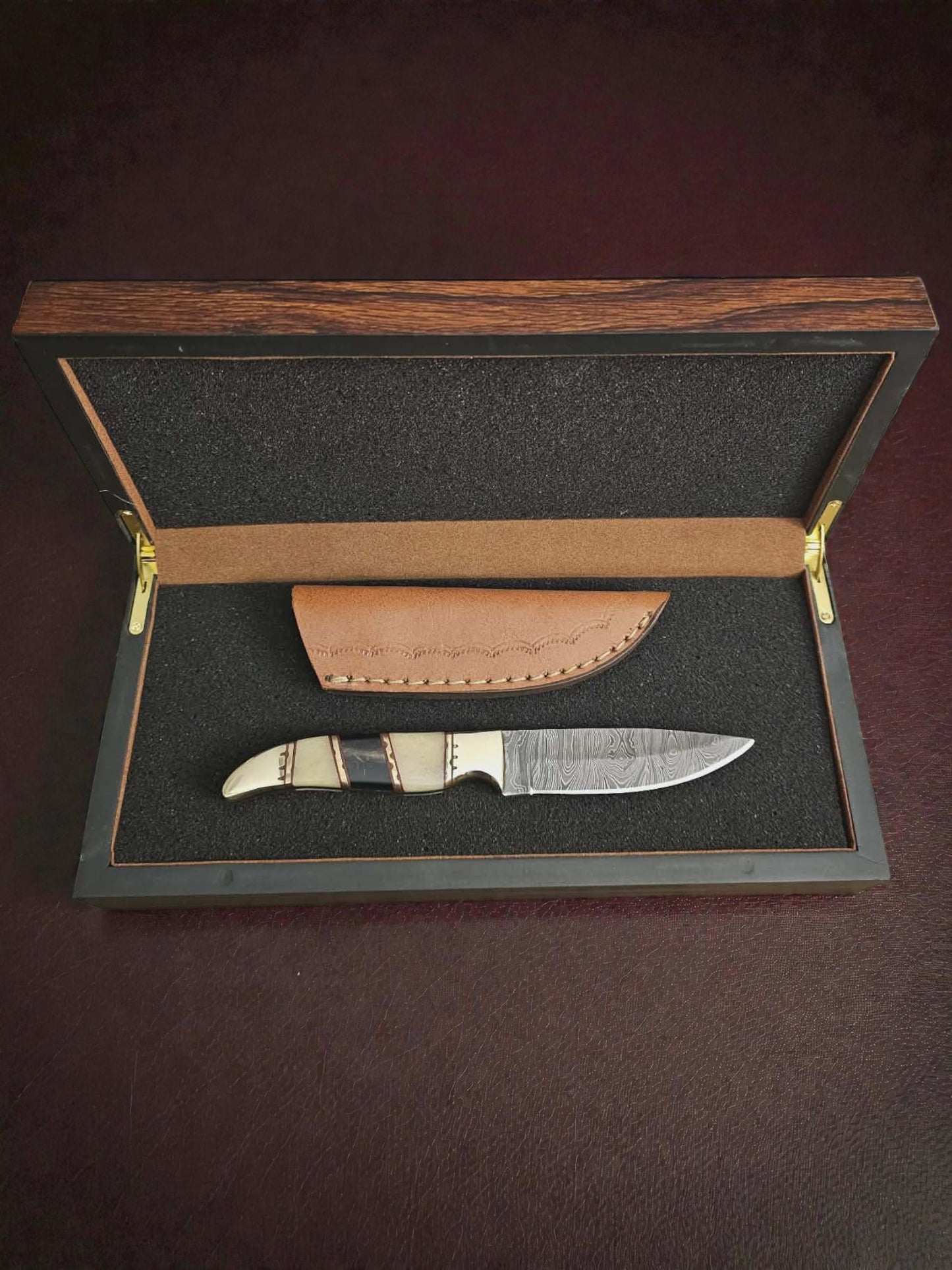 R019 - Χειροποίητο Mini Hunting Knife από Δαμασκηνό ατσάλι - Κόκκαλο καμήλας & κέρατο βούβαλου