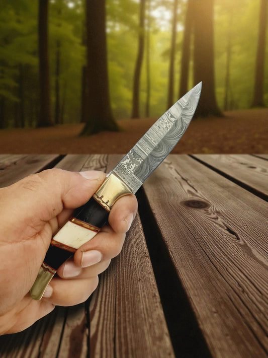 H119 Handmade Mini Hunting Knife - Damascus Steel - Buffalo Horn & Camel Bone