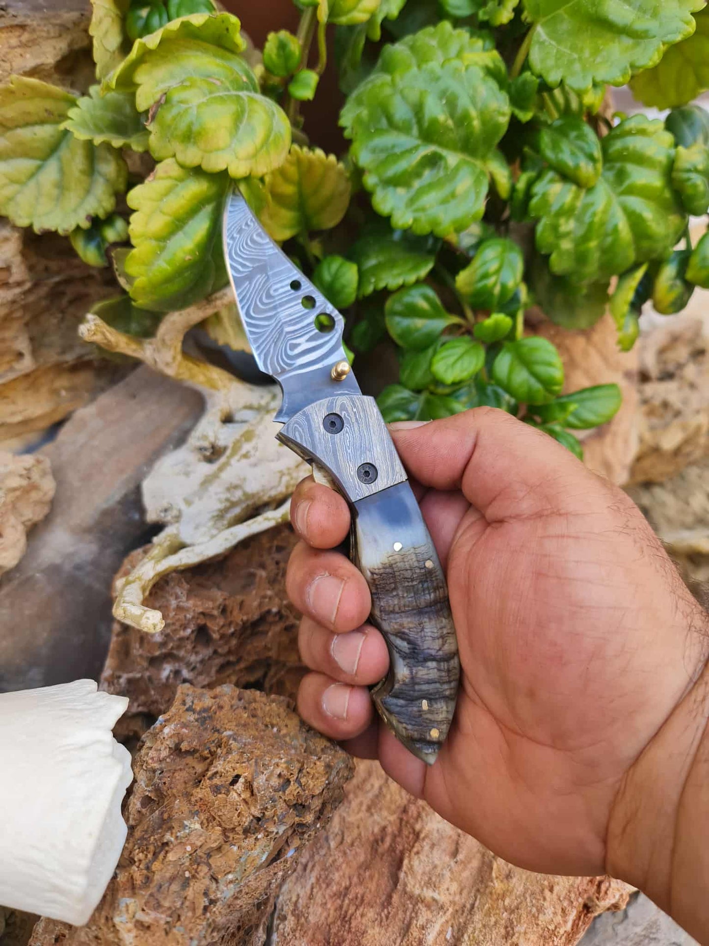 Handmade Limited Edition with Serial Number 18cm Knife with Damascus Steel & Asian Mouflon Horn (Exclusive Knife with Serial Number)