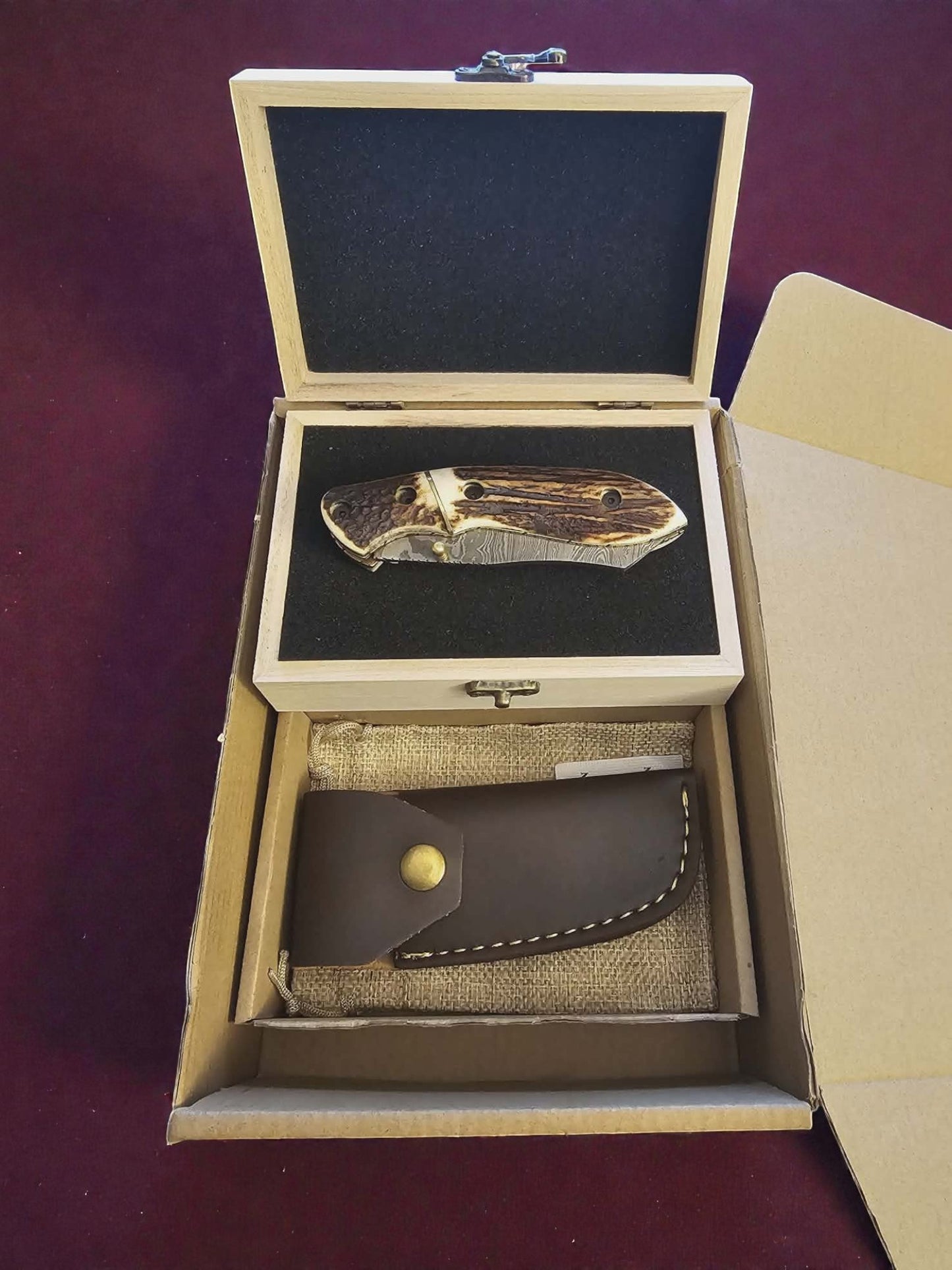 F060 - Χειροποίητο DAO/EDC από Δαμασκηνό ατσάλι & Κέρατο κόκκινου ελαφιού