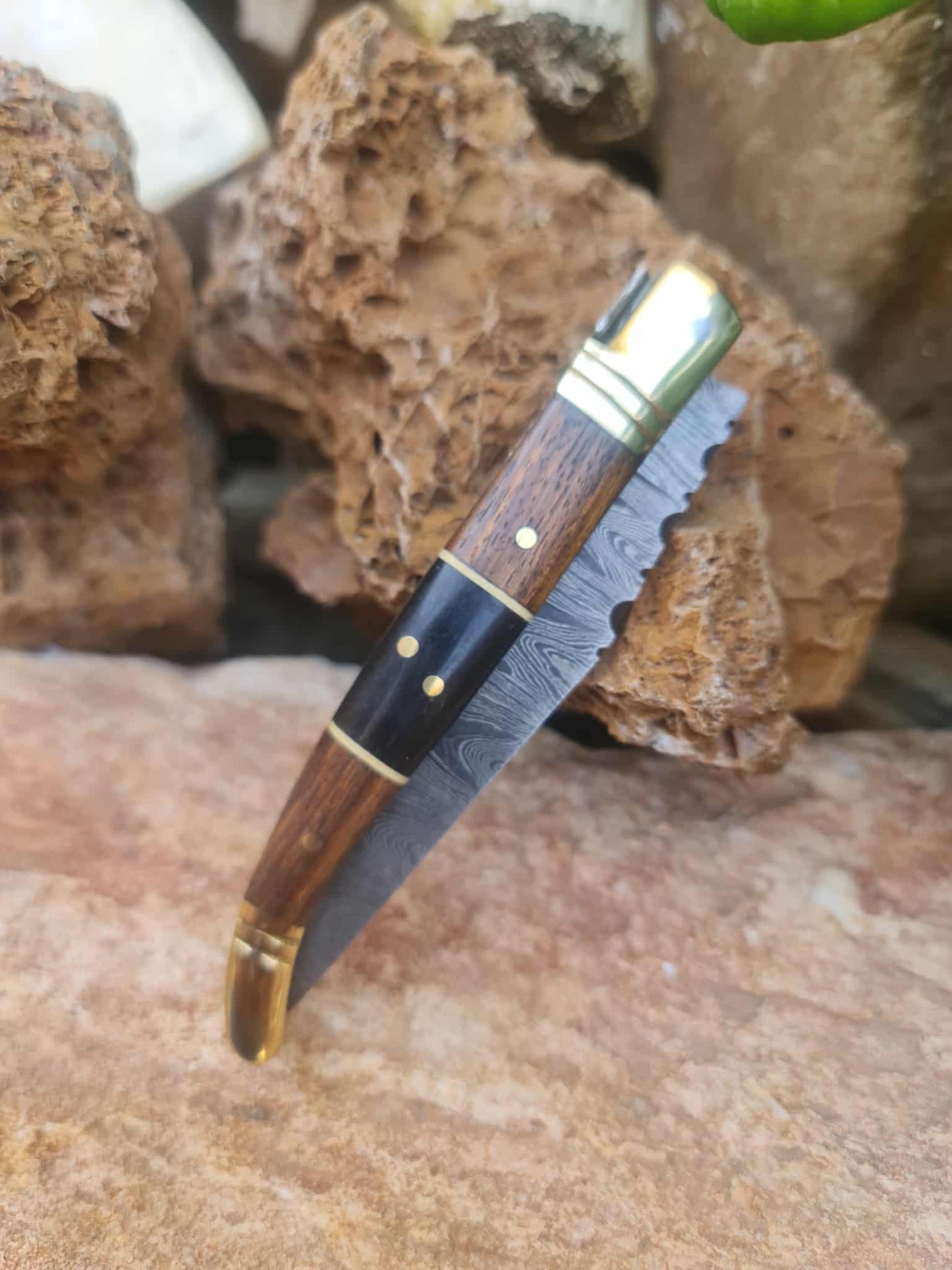 Handmade 22cm Laguiole Classique with Damascus Steel - Walnut wood - Buffalo Horn & Brass