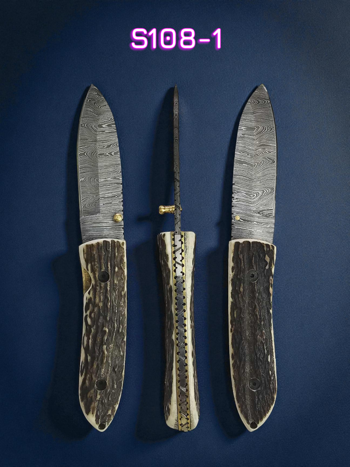 S108 Handmade Stalwart EDC - Damascus Steel & Red Deer Horn