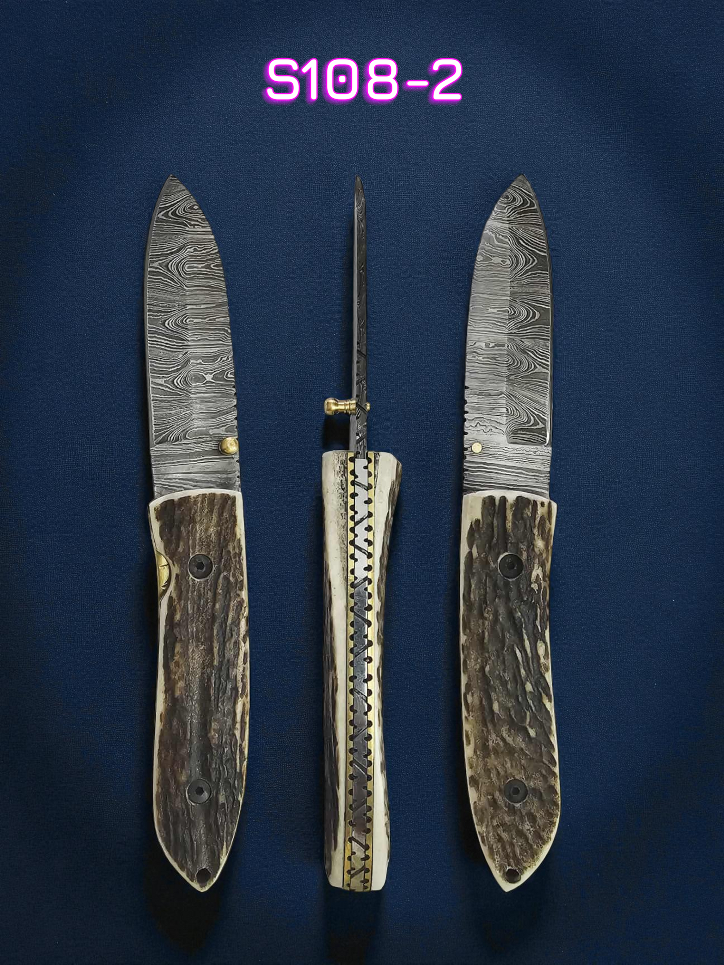 S108 Handmade Stalwart EDC - Damascus Steel & Red Deer Horn