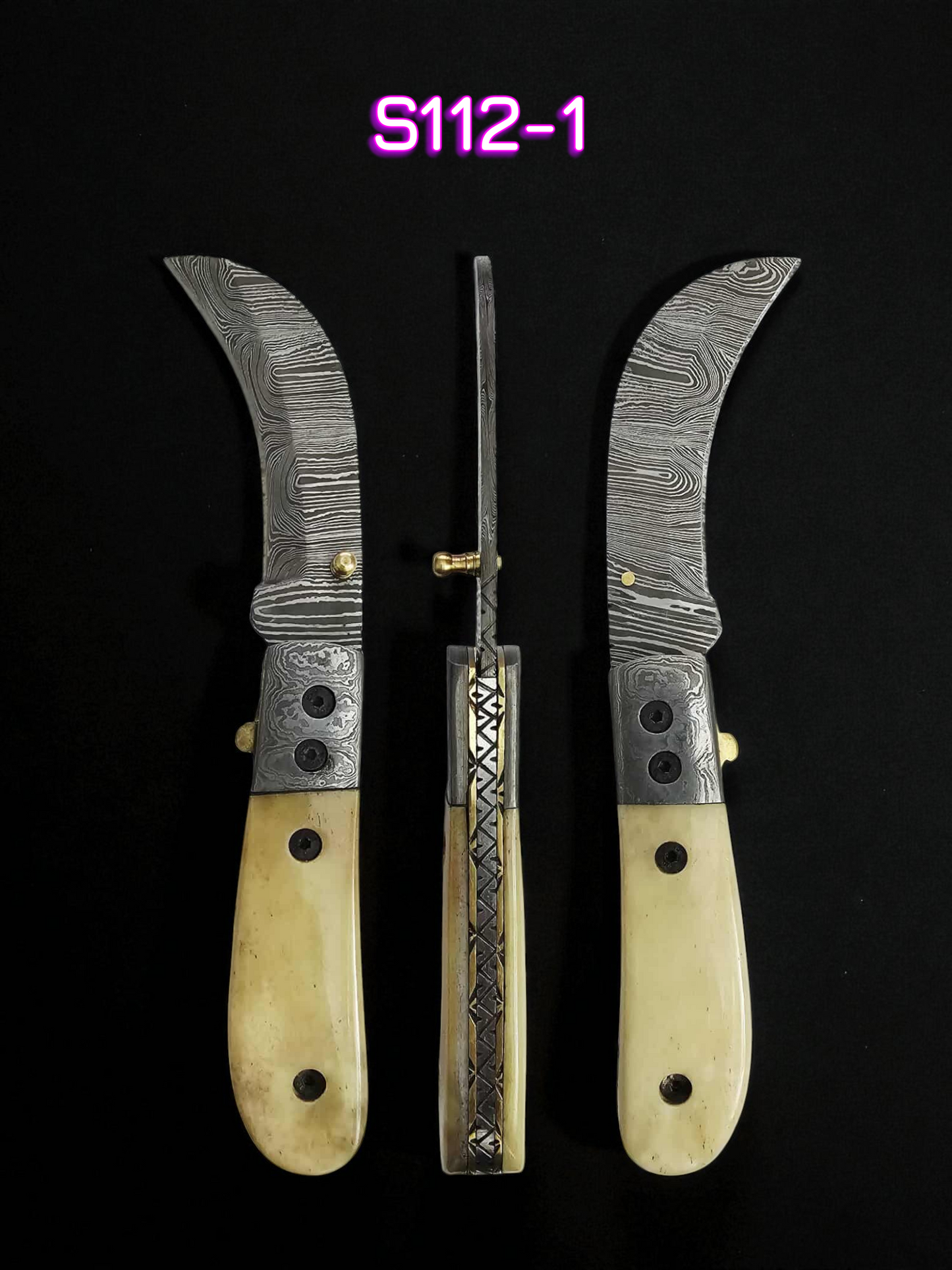 S112 Handmade Hawkbill EDC - Damascus Steel & Camel Bone