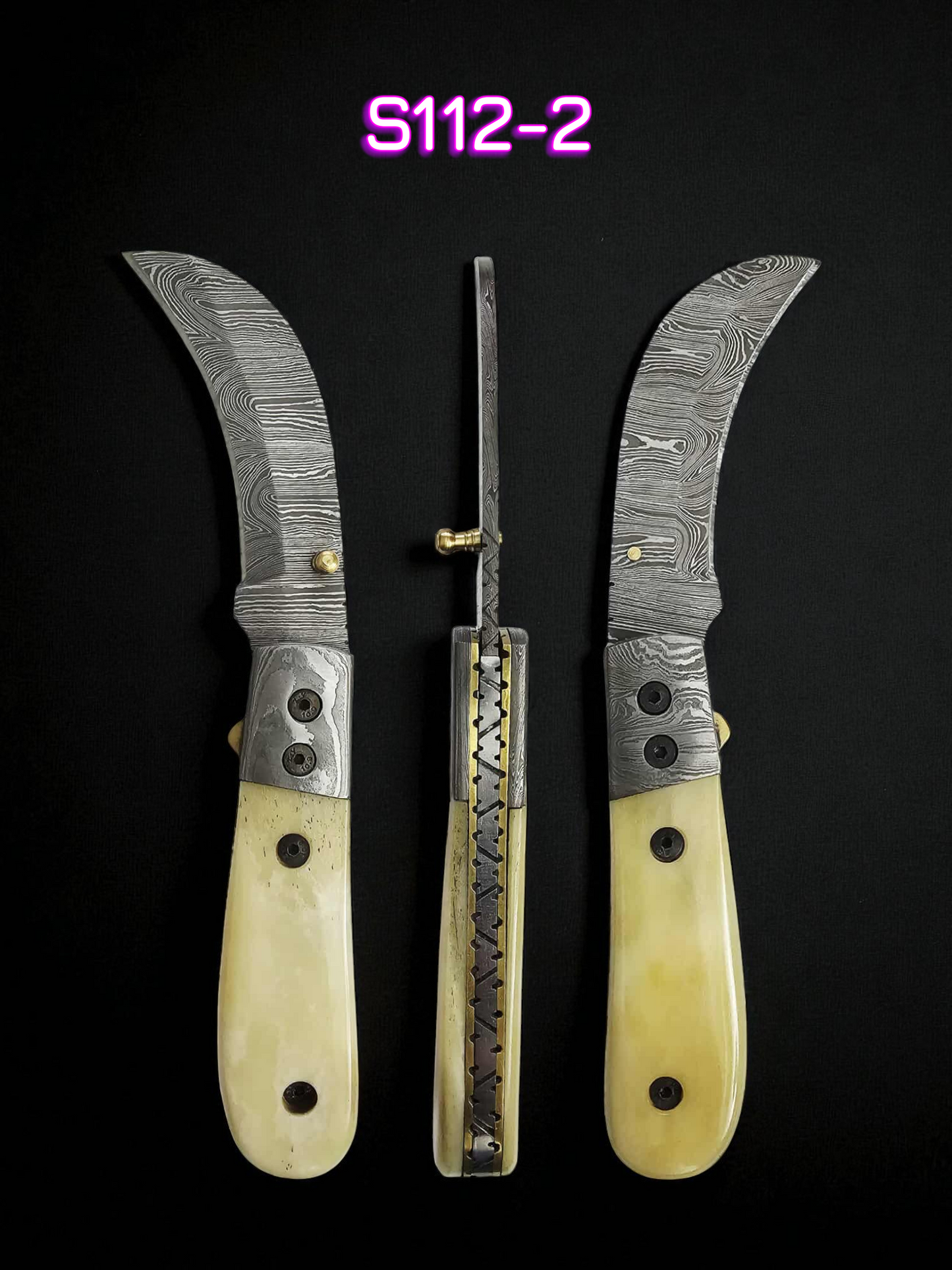 S112 Handmade Hawkbill EDC - Damascus Steel & Camel Bone